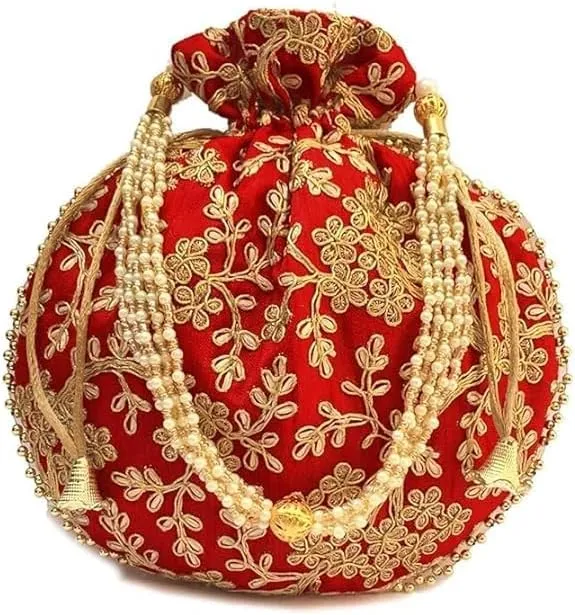 Indian Ethnic Potli Bag Ladies Handbag Batwa Pearls Handle Clutch Purse for Bridal, Women, Girls