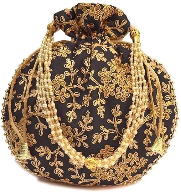 Indian Ethnic Potli Bag Ladies Handbag Batwa Pearls Handle Clutch Purse for Bridal, Women, Girls
