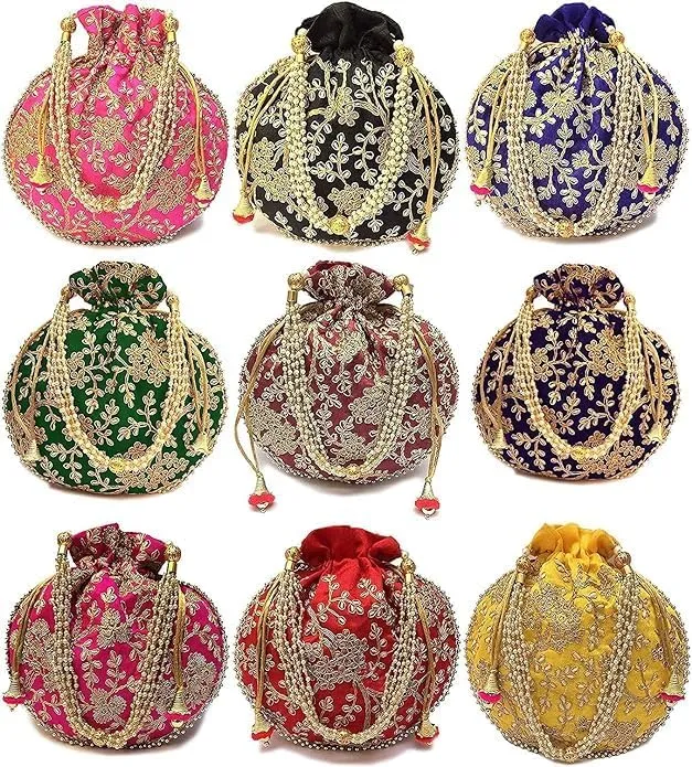 Indian Ethnic Potli Bag Ladies Handbag Batwa Pearls Handle Clutch Purse for Bridal, Women, Girls