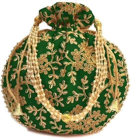 Indian Ethnic Potli Bag Ladies Handbag Batwa Pearls Handle Clutch Purse for Bridal, Women, Girls