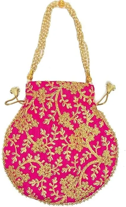 Indian Ethnic Potli Bag Ladies Handbag Batwa Pearls Handle Clutch Purse for Bridal, Women, Girls