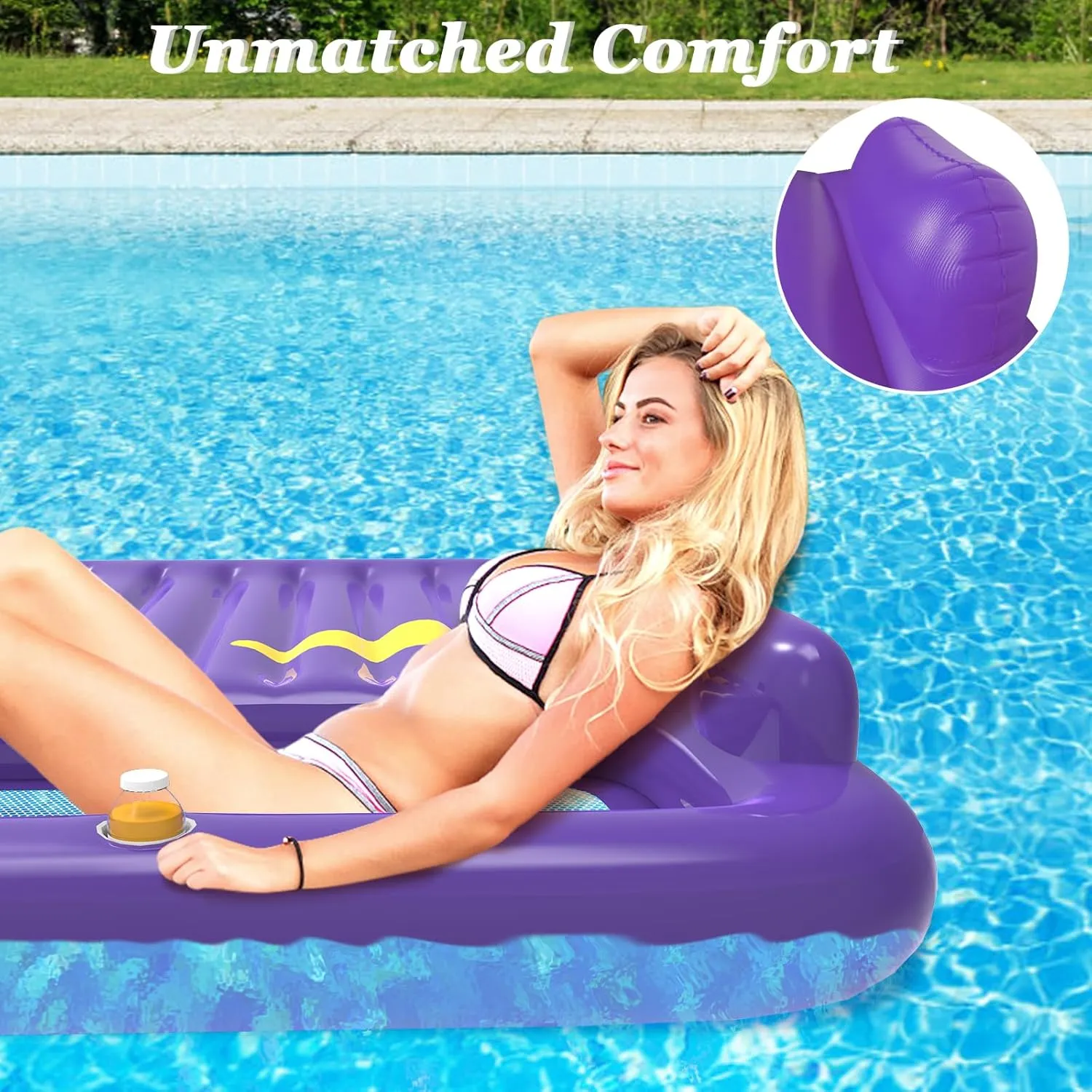 Inflatable Tanning Pool Lounger Float,Lake Floats for Adults - 71" X 71" Large Pool Floats with Headrest and Cup Holder Sunbathing Pool Lounge Raft Floatie Toys Water Filled Bed Mat Pad﻿