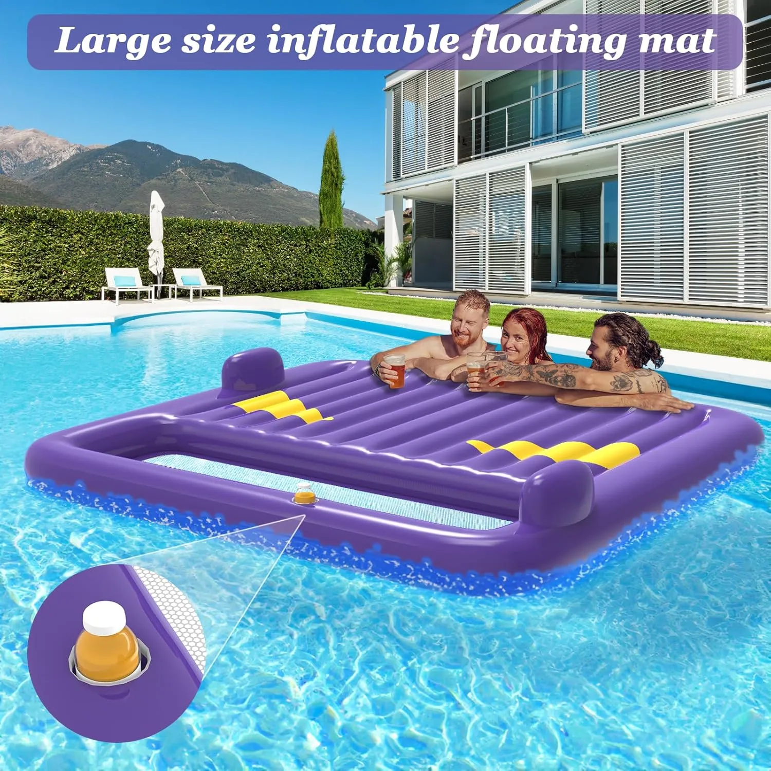 Inflatable Tanning Pool Lounger Float,Lake Floats for Adults - 71" X 71" Large Pool Floats with Headrest and Cup Holder Sunbathing Pool Lounge Raft Floatie Toys Water Filled Bed Mat Pad﻿