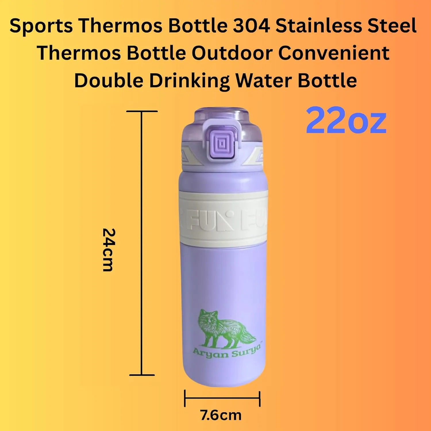 Insulated Stainless Steel Water Bottle with push-button lid with lock and Straw for Sports and Travel, BPA-Free Sports Water Bottle, 22 oz (Purple, 22 oz)