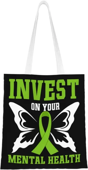 Invest On Your Mental Health Tote Bag for Women Canvas Shopping Bags Reusable Beach Bag Grocery Bags Tote Shoulder Bag Gift Bags