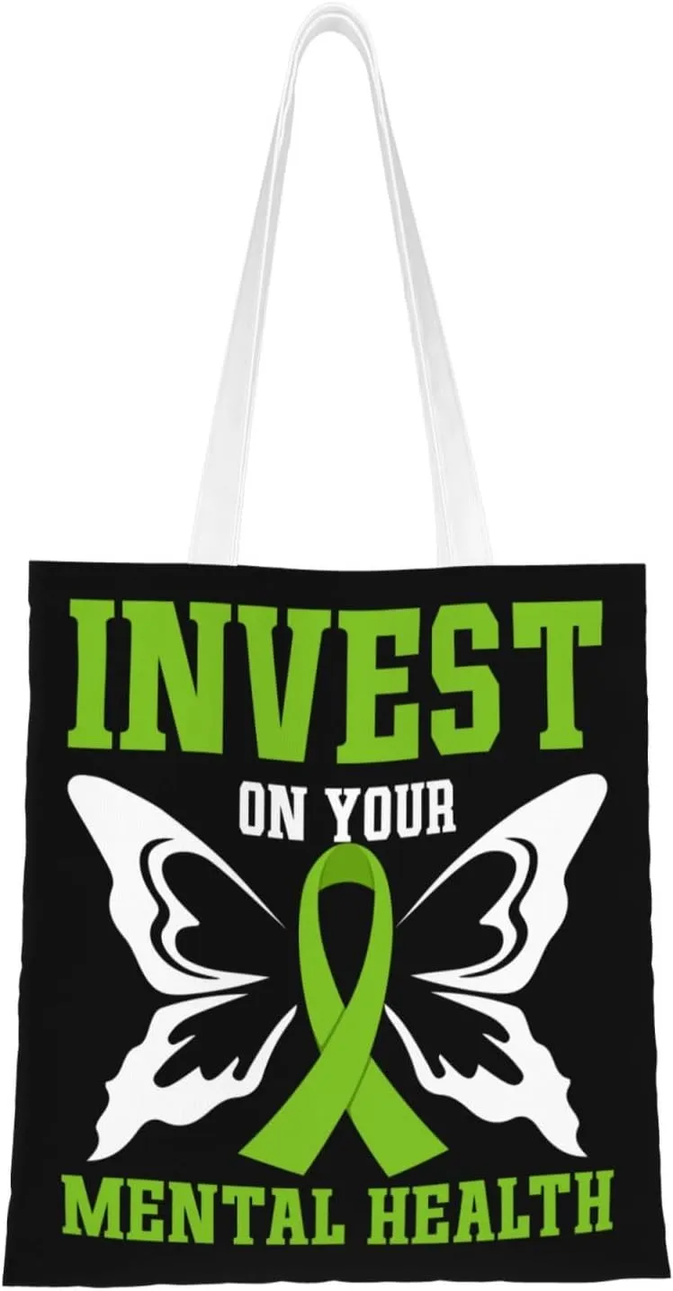 Invest On Your Mental Health Tote Bag for Women Canvas Shopping Bags Reusable Beach Bag Grocery Bags Tote Shoulder Bag Gift Bags