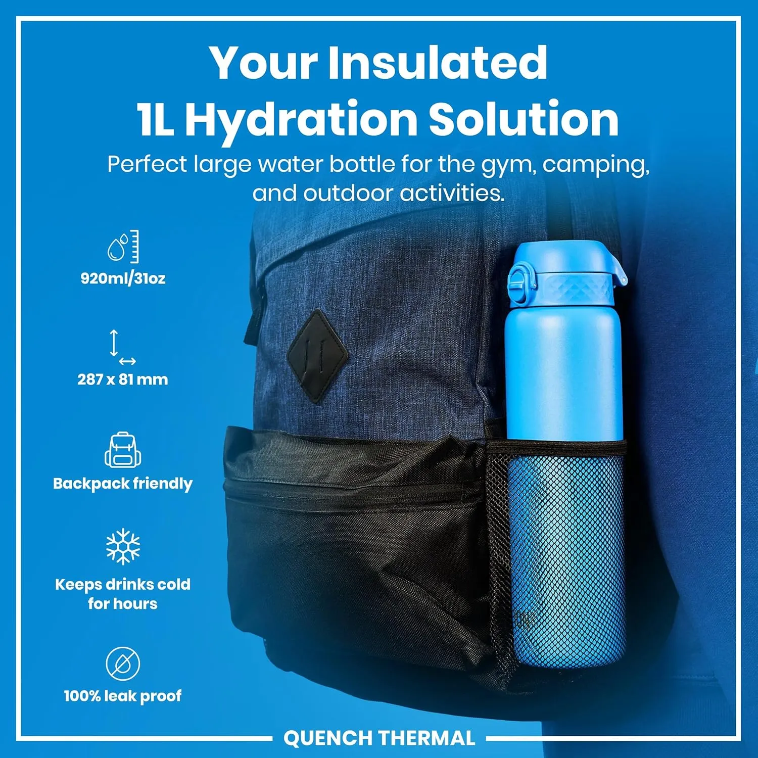 ION8 Vacuum Insulated Stainless Steel 1 Litre Water Bottle, 920 ml/31 oz, Leak Proof, Easy to Open, Secure Lock, Dishwasher Safe, Carry Handle, Scratch Resistant, Ideal for Sports and Yoga, Blue