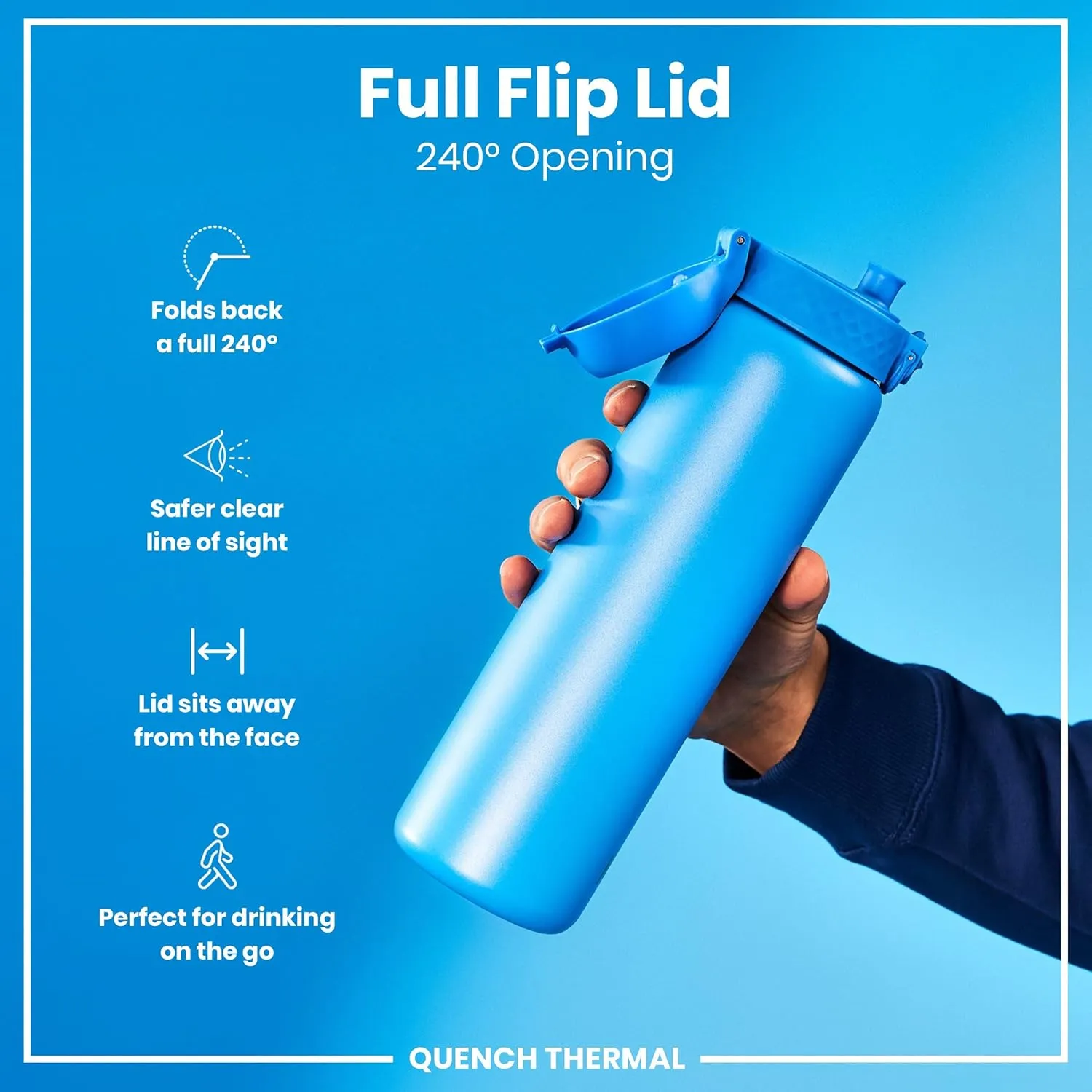 ION8 Vacuum Insulated Stainless Steel 1 Litre Water Bottle, 920 ml/31 oz, Leak Proof, Easy to Open, Secure Lock, Dishwasher Safe, Carry Handle, Scratch Resistant, Ideal for Sports and Yoga, Blue