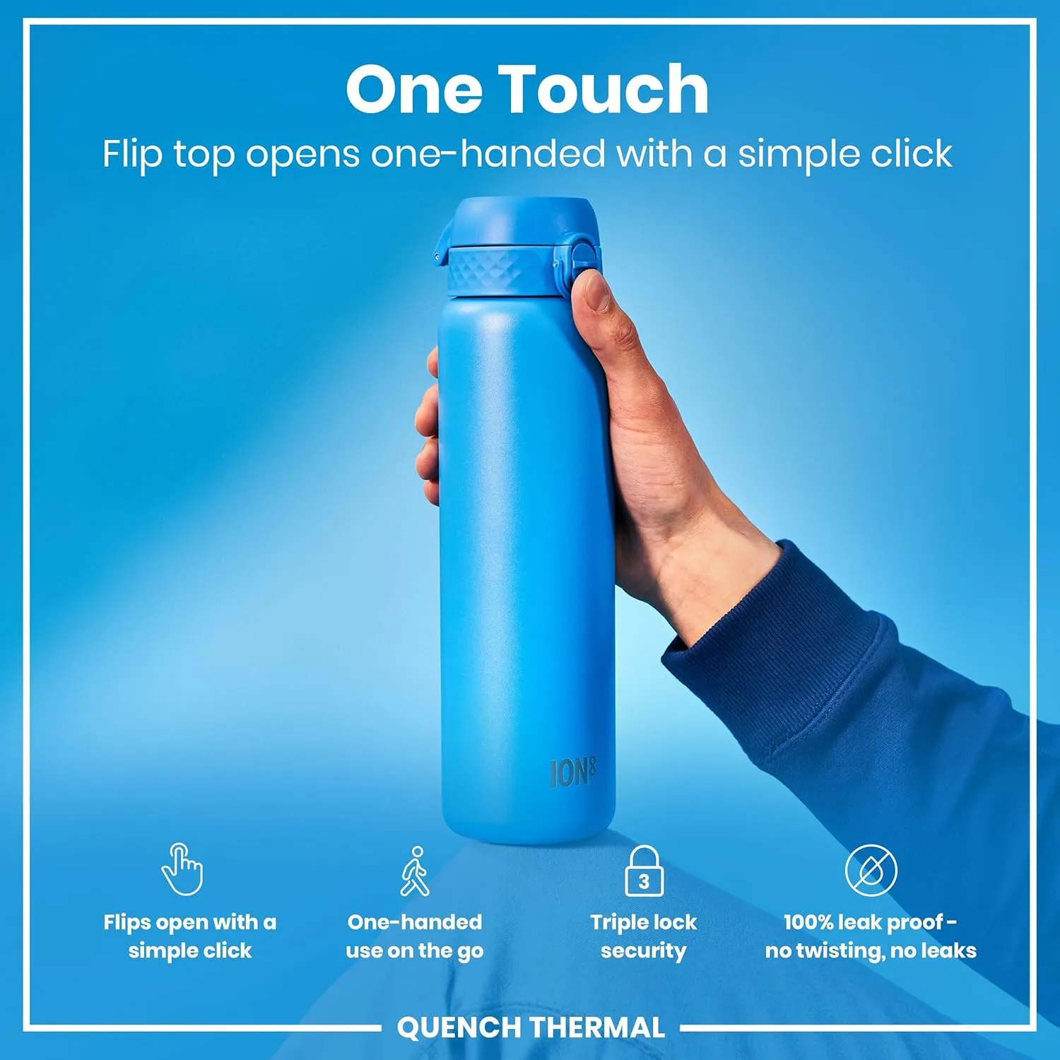 ION8 Vacuum Insulated Stainless Steel 1 Litre Water Bottle, 920 ml/31 oz, Leak Proof, Easy to Open, Secure Lock, Dishwasher Safe, Carry Handle, Scratch Resistant, Ideal for Sports and Yoga, Blue