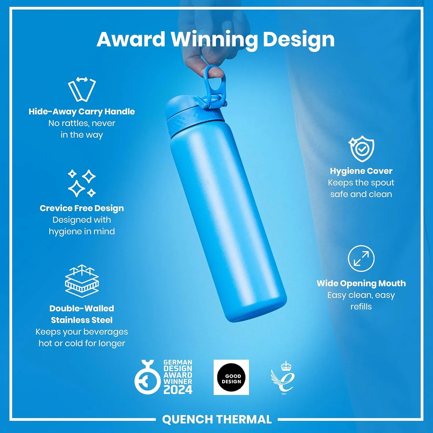 ION8 Vacuum Insulated Stainless Steel 1 Litre Water Bottle, 920 ml/31 oz, Leak Proof, Easy to Open, Secure Lock, Dishwasher Safe, Carry Handle, Scratch Resistant, Ideal for Sports and Yoga, Blue