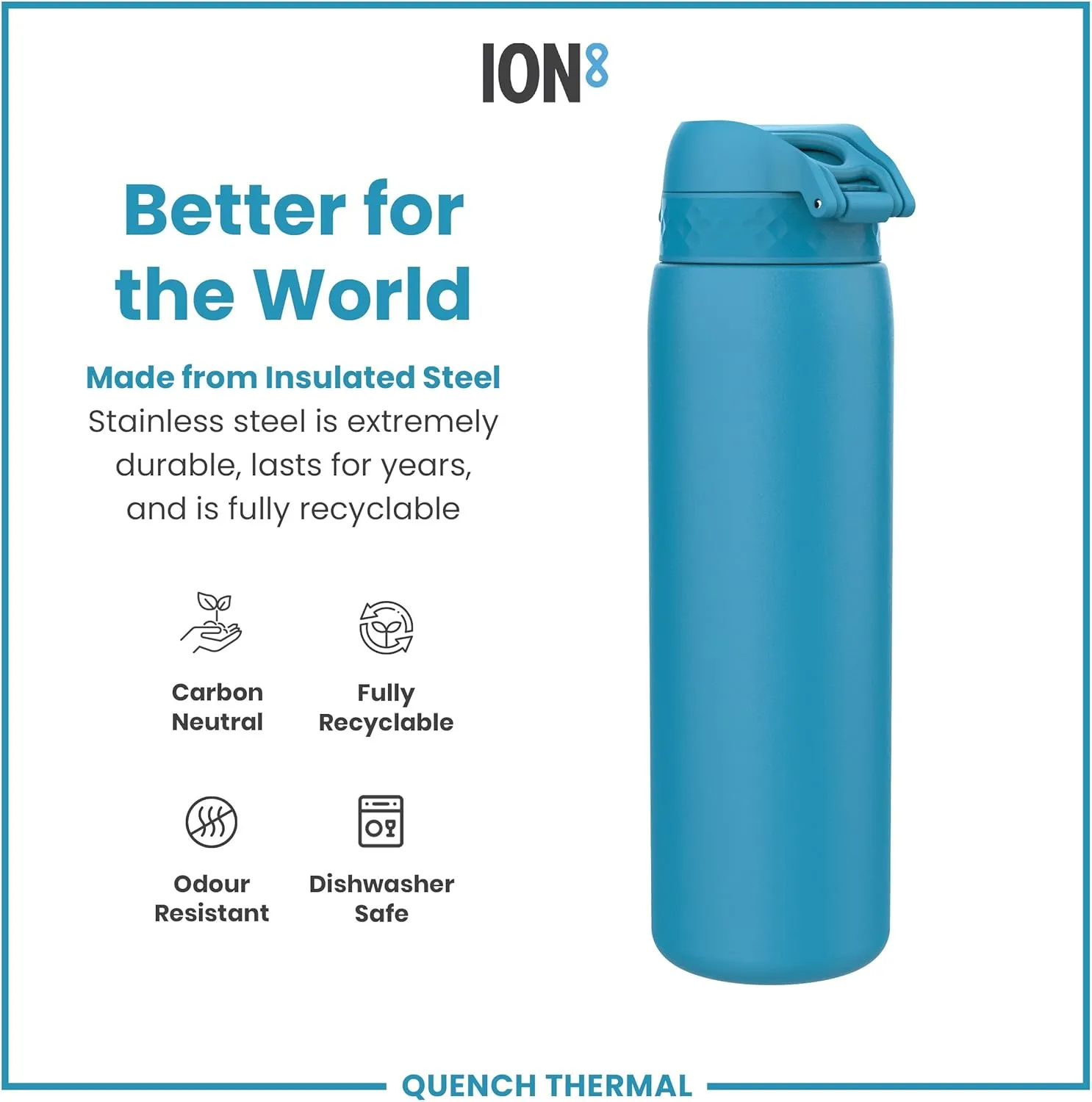 ION8 Vacuum Insulated Stainless Steel 1 Litre Water Bottle, 920 ml/31 oz, Leak Proof, Easy to Open, Secure Lock, Dishwasher Safe, Carry Handle, Scratch Resistant, Ideal for Sports and Yoga, Blue