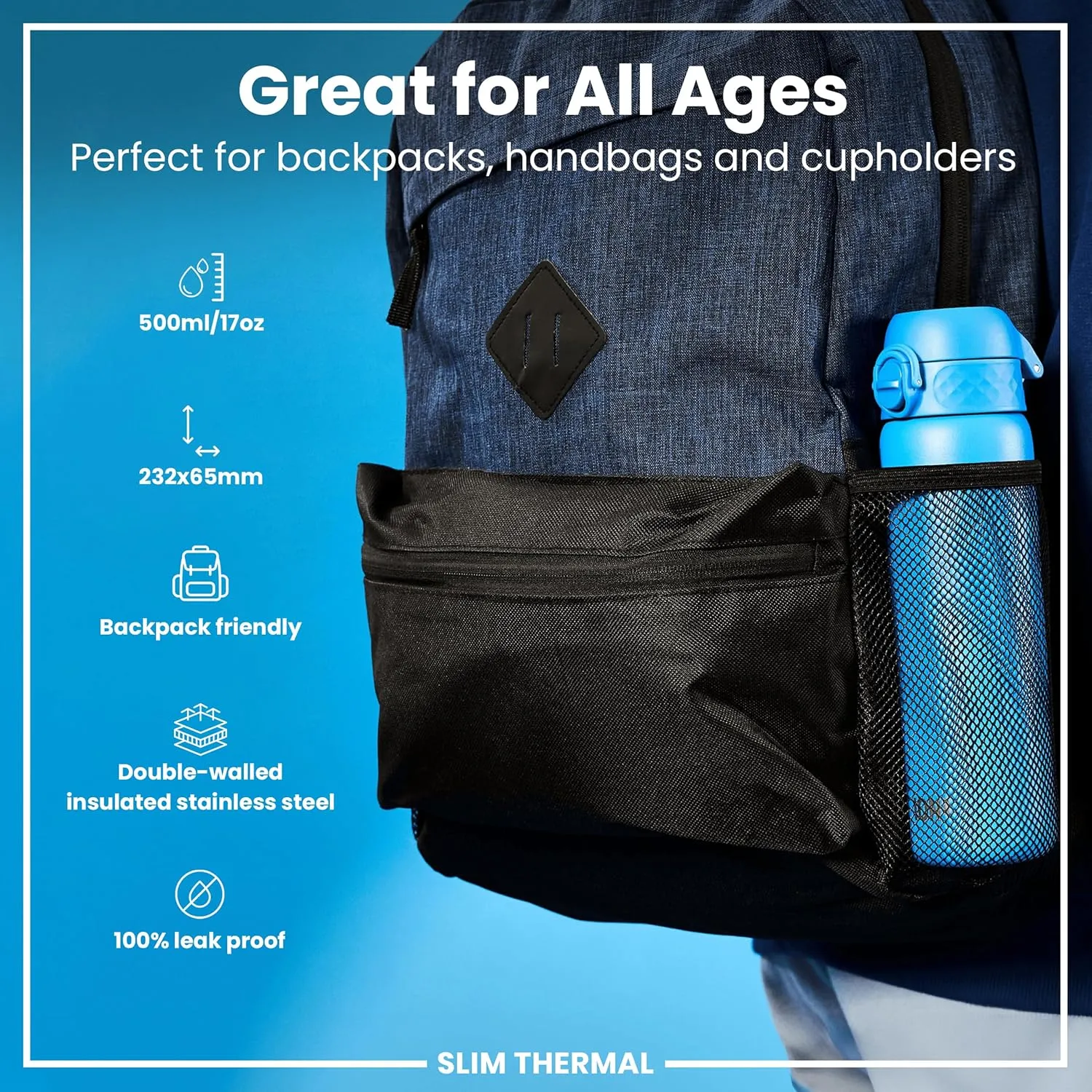 ION8 Vacuum Insulated Steel Water Bottle, 500 ml/18 oz, Leak Proof, Easy to Open, Secure Lock, Dishwasher Safe, Fits Cup Holders, Carry Handle, Scratch Resistant, Durable Stainless Steel, Blue