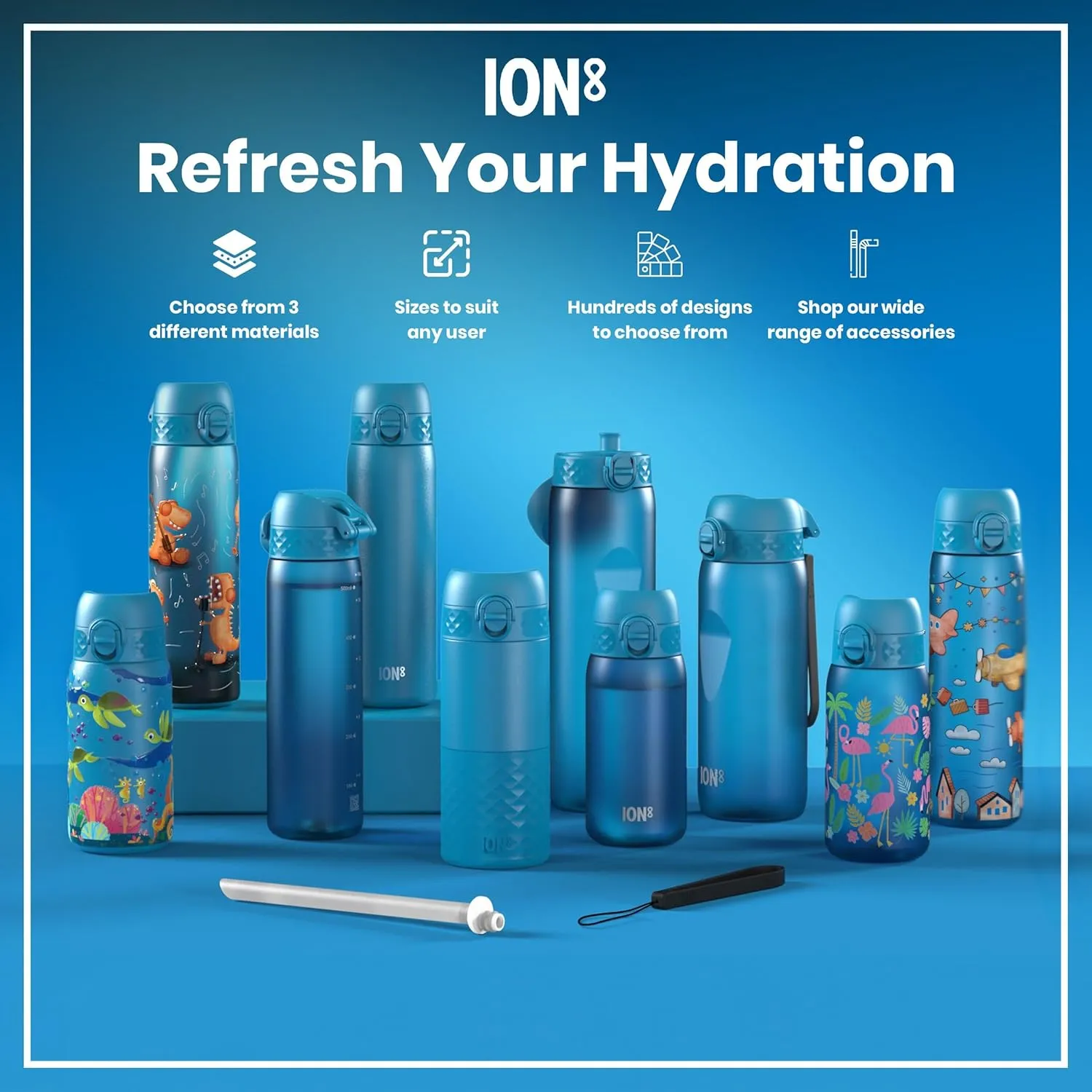 ION8 Vacuum Insulated Steel Water Bottle, 500 ml/18 oz, Leak Proof, Easy to Open, Secure Lock, Dishwasher Safe, Fits Cup Holders, Carry Handle, Scratch Resistant, Durable Stainless Steel, Blue