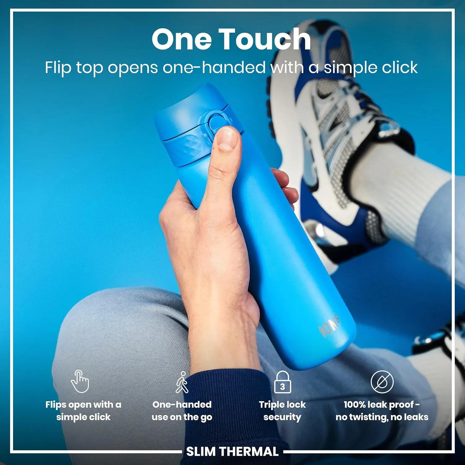 ION8 Vacuum Insulated Steel Water Bottle, 500 ml/18 oz, Leak Proof, Easy to Open, Secure Lock, Dishwasher Safe, Fits Cup Holders, Carry Handle, Scratch Resistant, Durable Stainless Steel, Blue