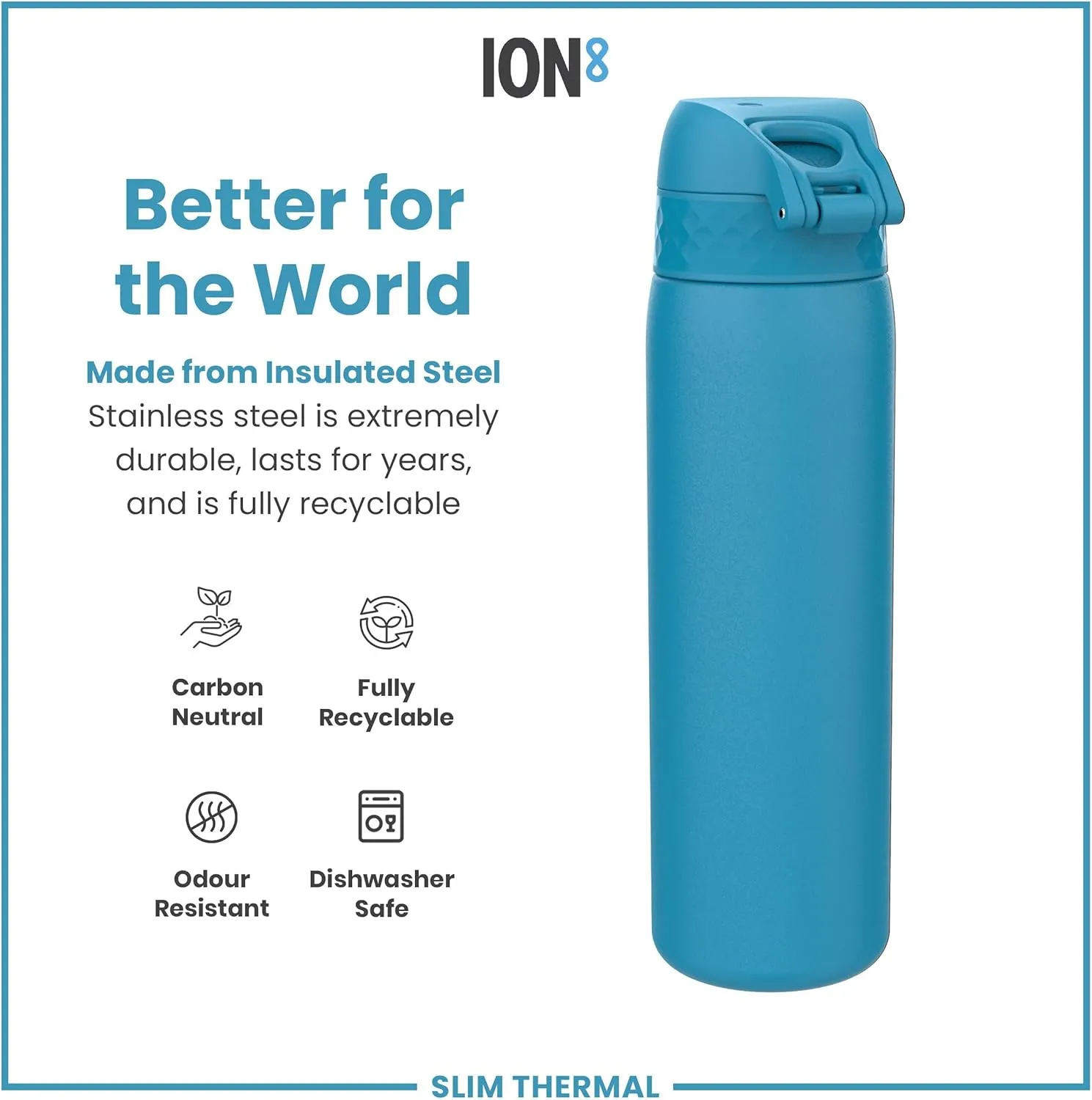 ION8 Vacuum Insulated Steel Water Bottle, 500 ml/18 oz, Leak Proof, Easy to Open, Secure Lock, Dishwasher Safe, Fits Cup Holders, Carry Handle, Scratch Resistant, Durable Stainless Steel, Blue