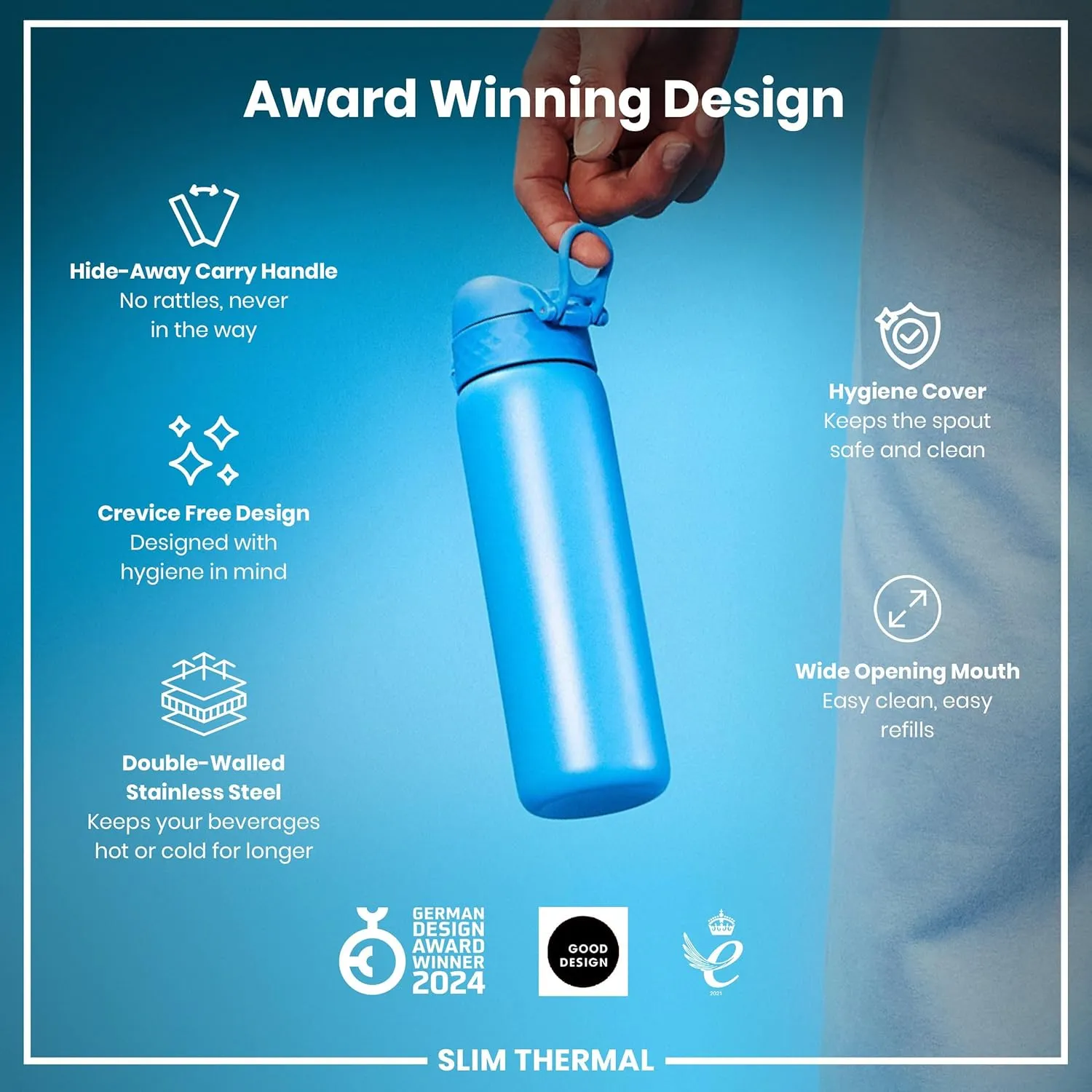 ION8 Vacuum Insulated Steel Water Bottle, 500 ml/18 oz, Leak Proof, Easy to Open, Secure Lock, Dishwasher Safe, Fits Cup Holders, Carry Handle, Scratch Resistant, Durable Stainless Steel, Blue