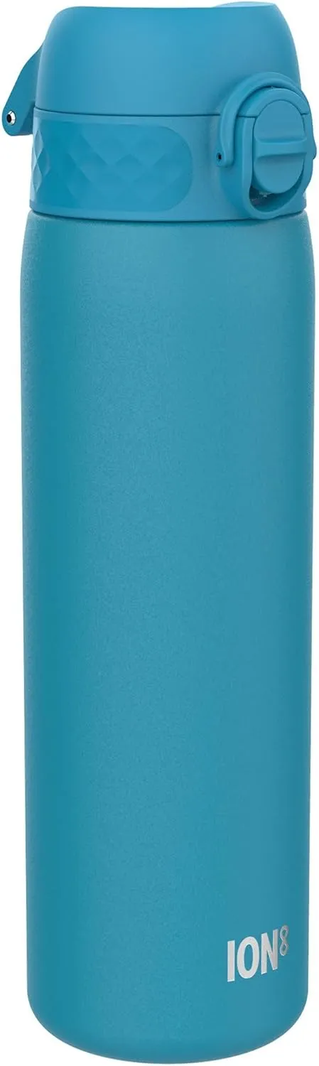 ION8 Vacuum Insulated Steel Water Bottle, 500 ml/18 oz, Leak Proof, Easy to Open, Secure Lock, Dishwasher Safe, Fits Cup Holders, Carry Handle, Scratch Resistant, Durable Stainless Steel, Blue