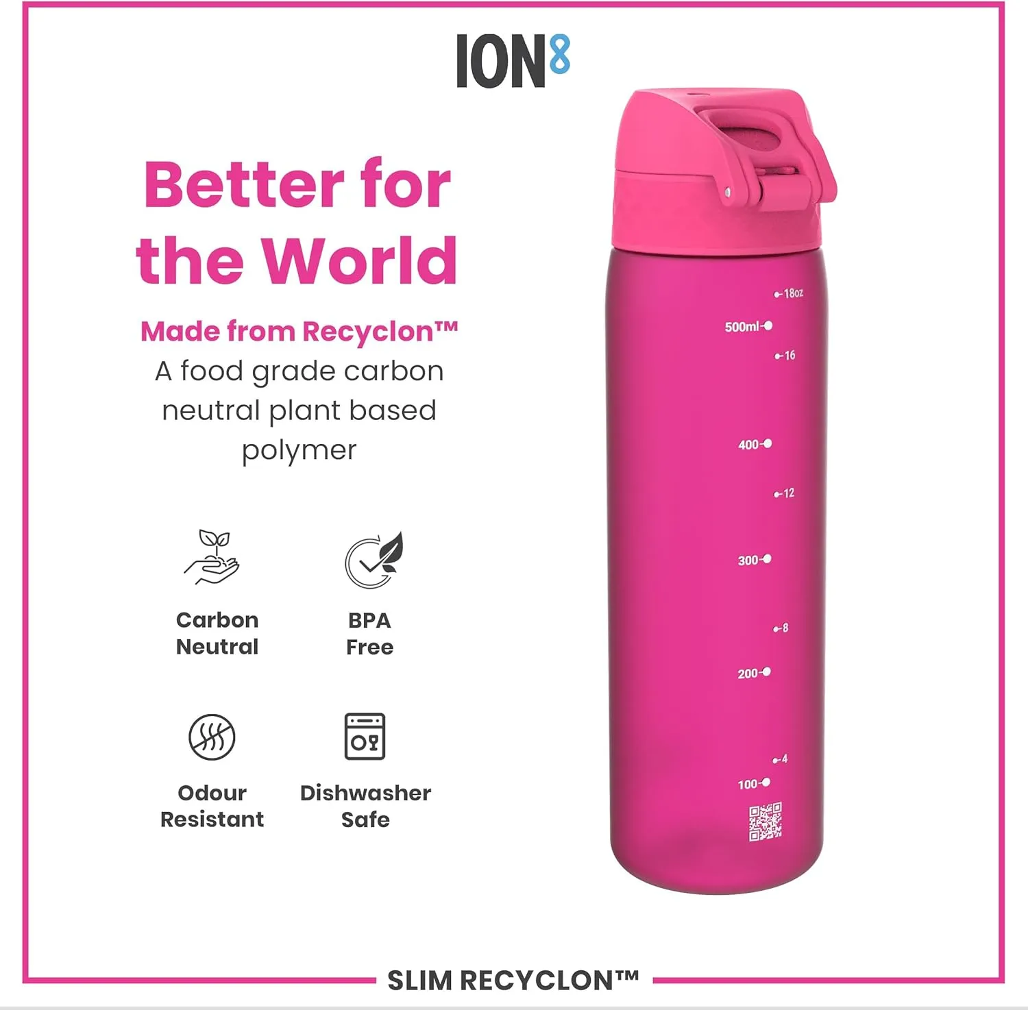 Ion8 Water Bottle, 500 ml/18 oz, Leak Proof, Easy to Open, Secure Lock, Dishwasher Safe, BPA Free, Hygienic Flip Cover, Carry Handle, Fits Cup Holders, Easy Clean, Odor Free, Carbon Neutral