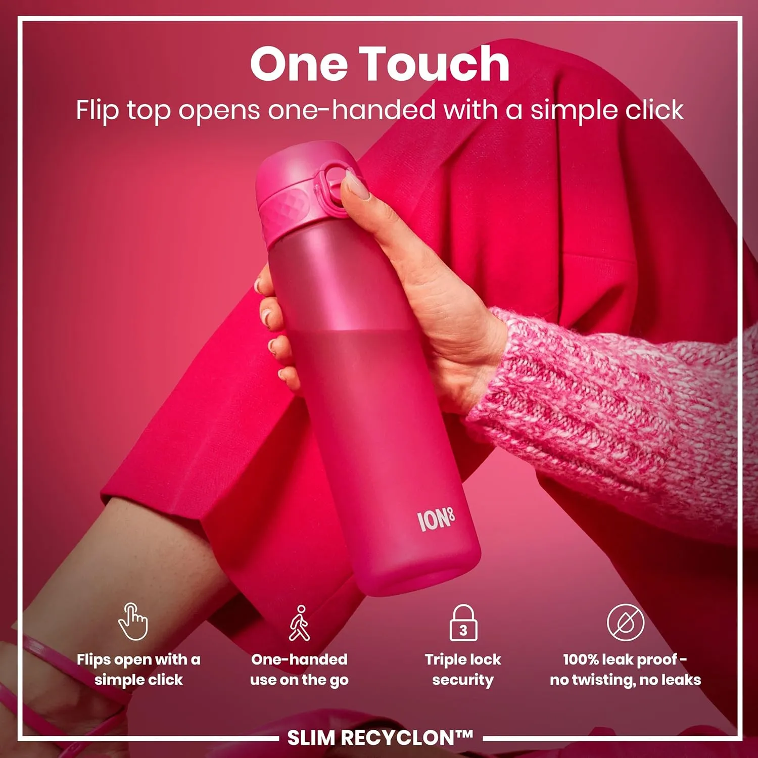 Ion8 Water Bottle, 500 ml/18 oz, Leak Proof, Easy to Open, Secure Lock, Dishwasher Safe, BPA Free, Hygienic Flip Cover, Carry Handle, Fits Cup Holders, Easy Clean, Odor Free, Carbon Neutral