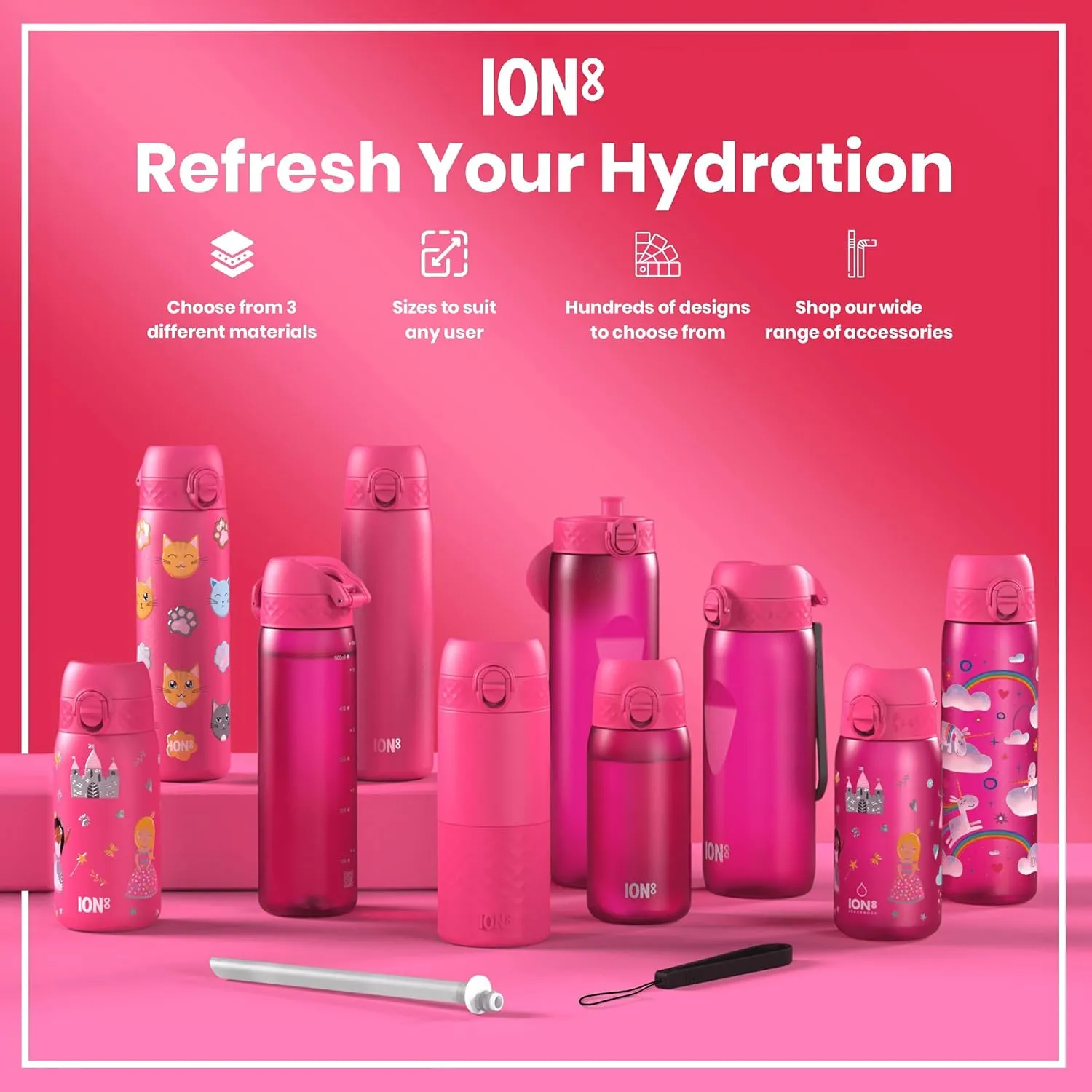 Ion8 Water Bottle, 500 ml/18 oz, Leak Proof, Easy to Open, Secure Lock, Dishwasher Safe, BPA Free, Hygienic Flip Cover, Carry Handle, Fits Cup Holders, Easy Clean, Odor Free, Carbon Neutral
