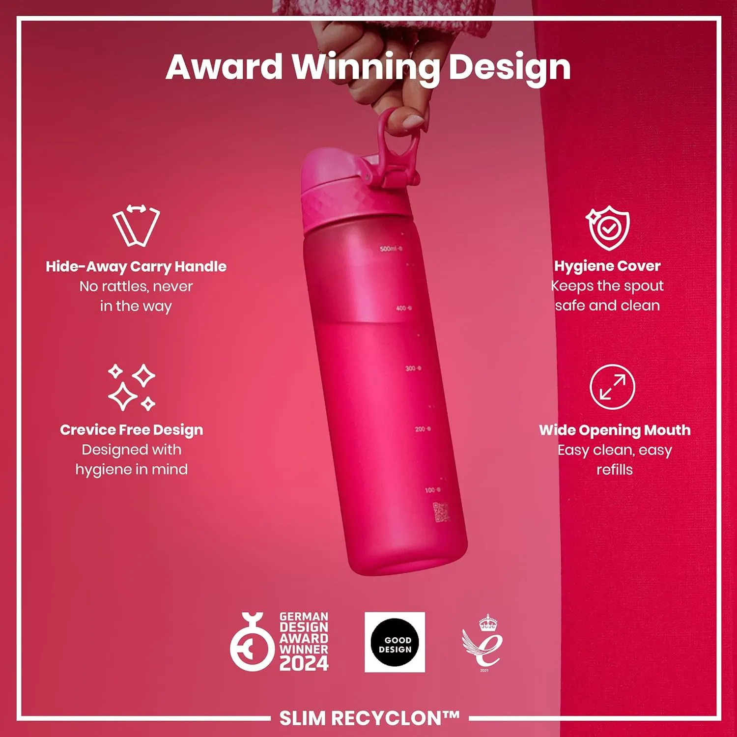 Ion8 Water Bottle, 500 ml/18 oz, Leak Proof, Easy to Open, Secure Lock, Dishwasher Safe, BPA Free, Hygienic Flip Cover, Carry Handle, Fits Cup Holders, Easy Clean, Odor Free, Carbon Neutral