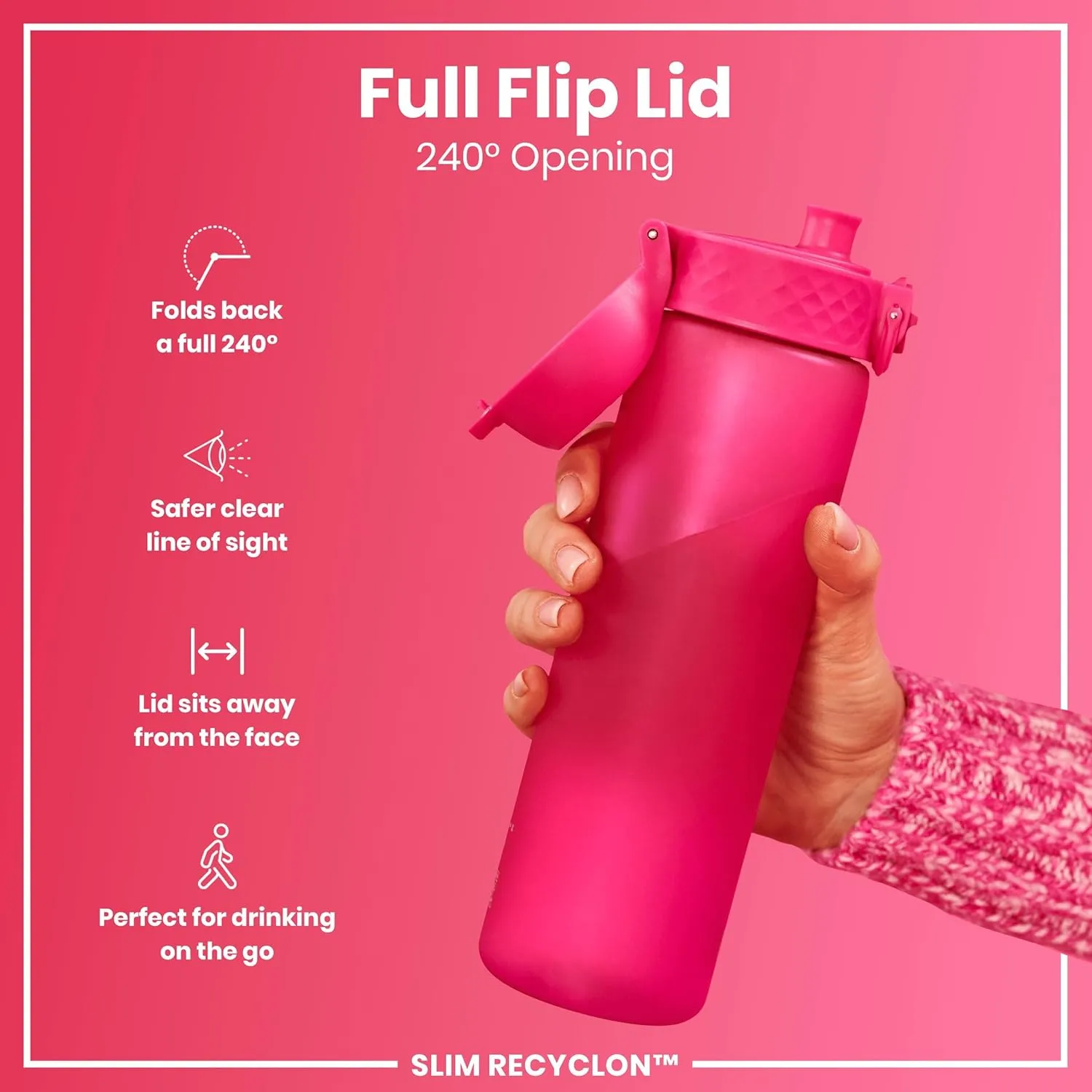 Ion8 Water Bottle, 500 ml/18 oz, Leak Proof, Easy to Open, Secure Lock, Dishwasher Safe, BPA Free, Hygienic Flip Cover, Carry Handle, Fits Cup Holders, Easy Clean, Odor Free, Carbon Neutral