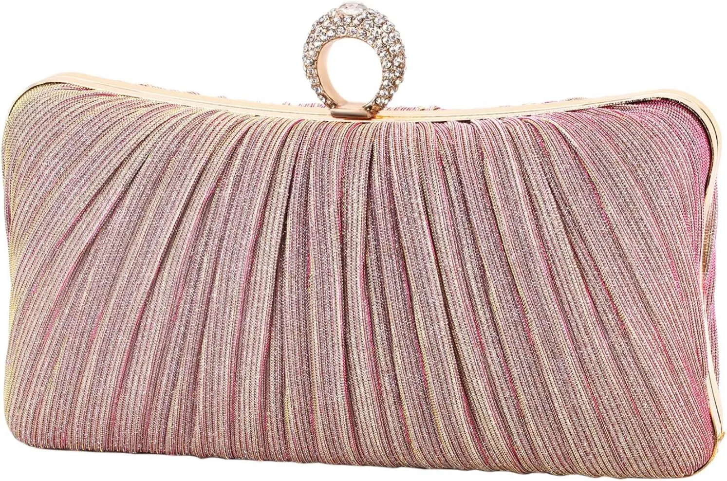 iWISH Womens Golden Glitter Clutch Purse Pleated Evening Bag for Bridal Wedding Party with Rhinestone Ring
