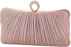 iWISH Womens Golden Glitter Clutch Purse Pleated Evening Bag for Bridal Wedding Party with Rhinestone Ring