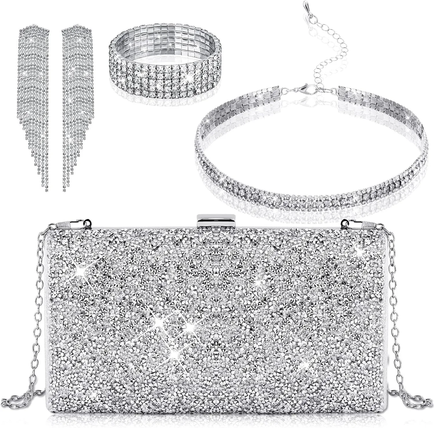 Jadive 4 Pcs Clutch Purse for Women Evening Bag Formal Rhinestone Clutch Bracelet Choker for Wedding Party Gift