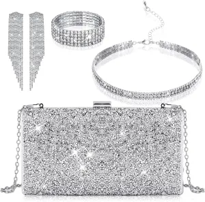 Jadive 4 Pcs Clutch Purse for Women Evening Bag Formal Rhinestone Clutch Bracelet Choker for Wedding Party Gift