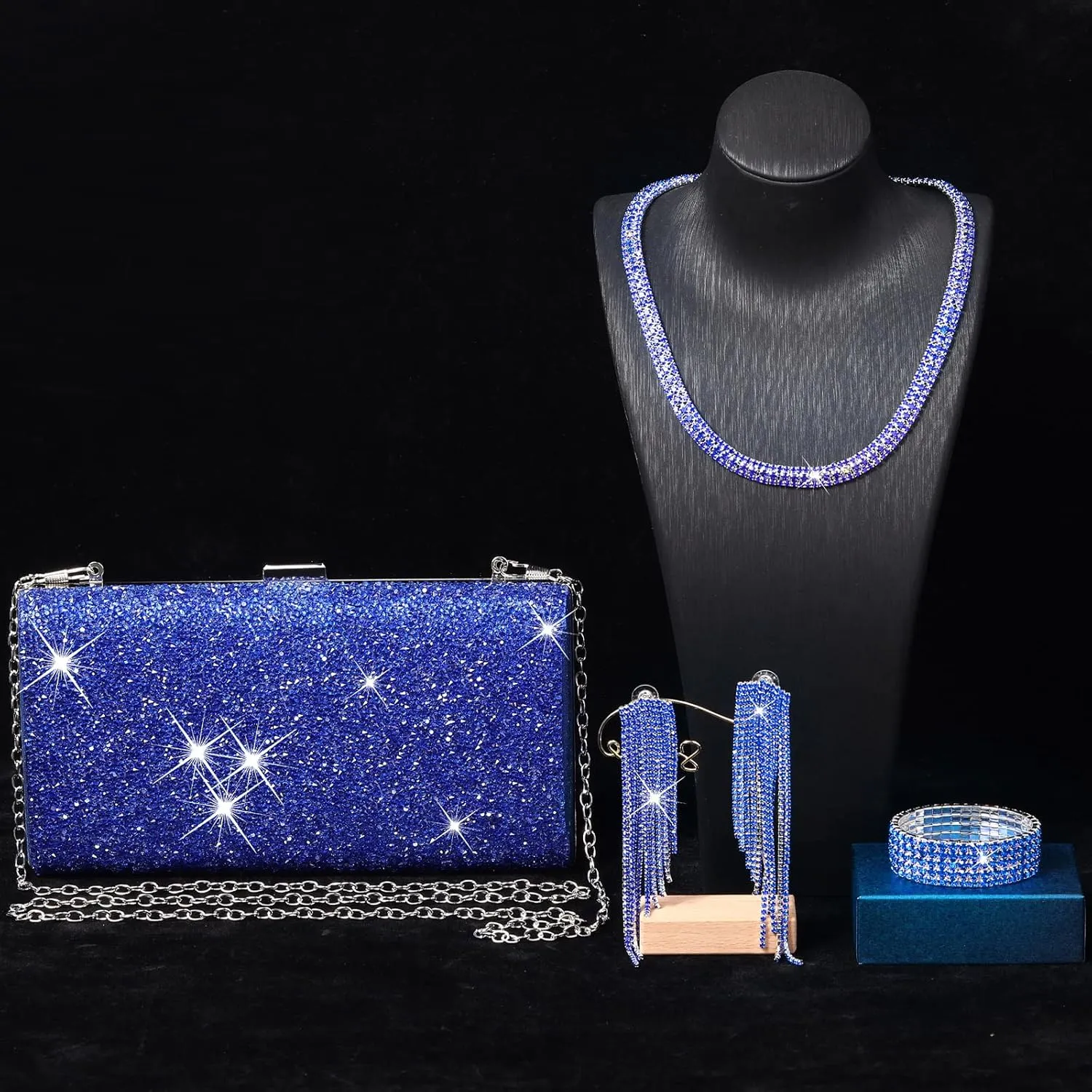 Jadive 4 Pcs Clutch Purse for Women Evening Bag Formal Rhinestone Clutch Bracelet Choker for Wedding Party Gift