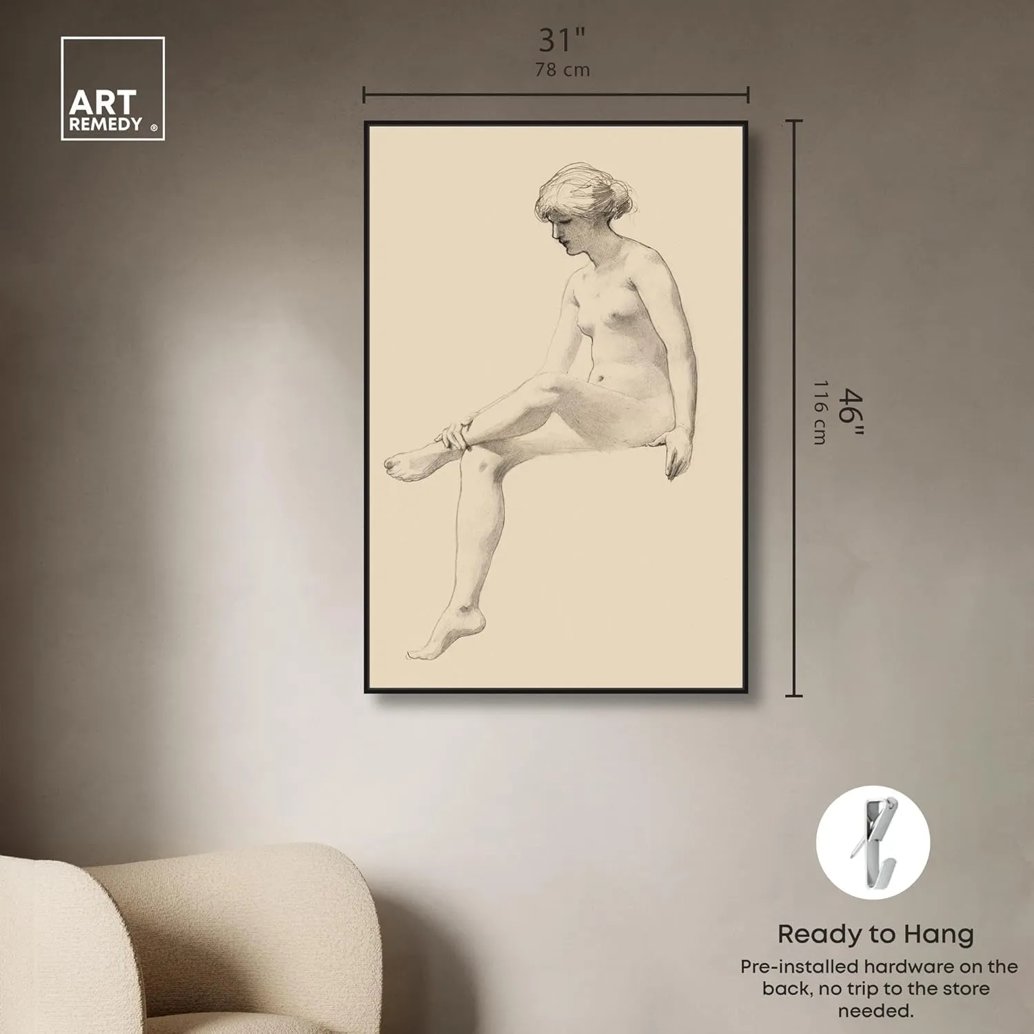James Wells Champney - Seated Female Nude Canvas Nude Portrait Wall Art, Black Frame, 30" x 45"