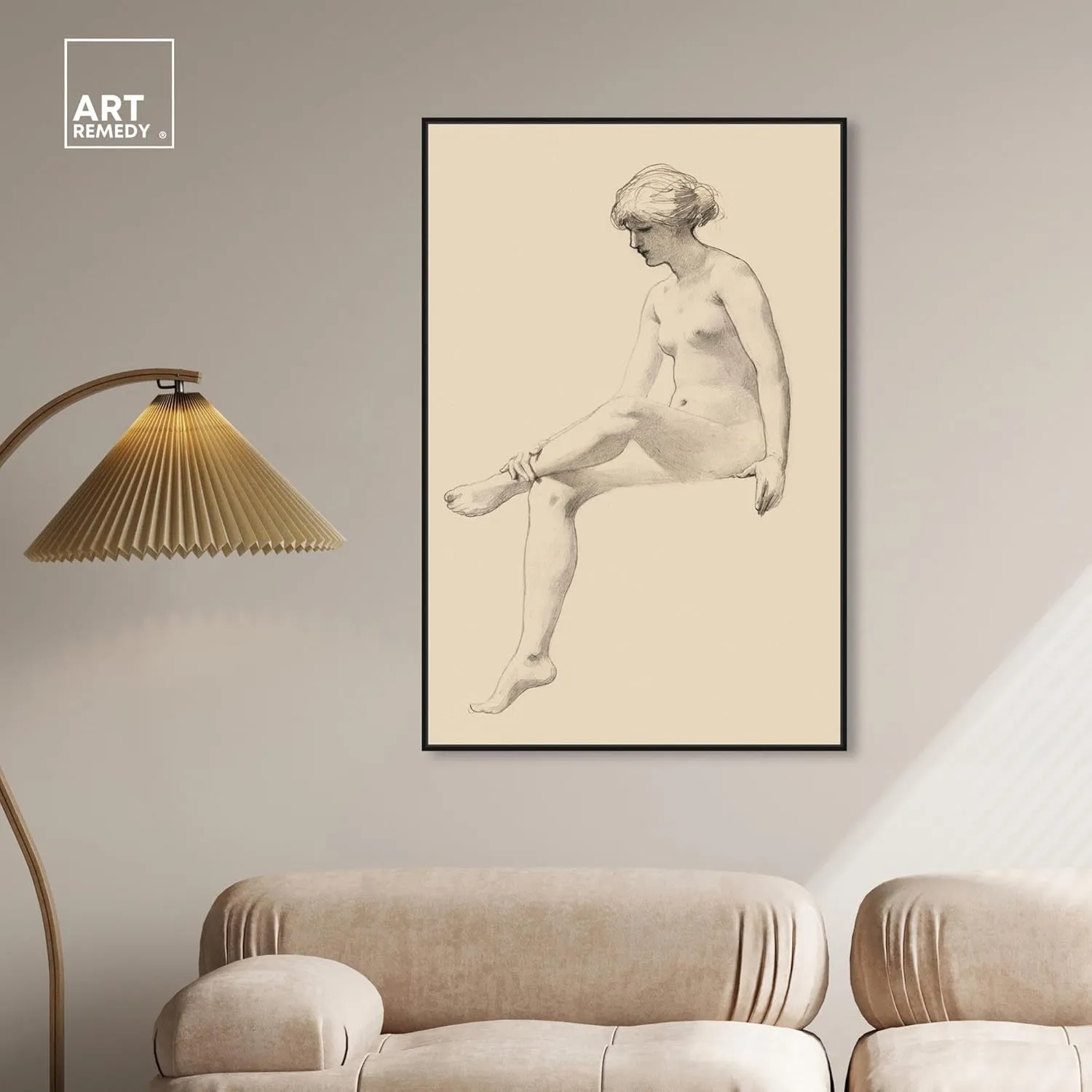 James Wells Champney - Seated Female Nude Canvas Nude Portrait Wall Art, Black Frame, 30" x 45"