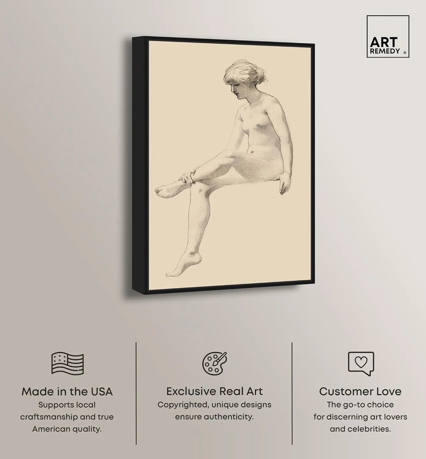 James Wells Champney - Seated Female Nude Canvas Nude Portrait Wall Art, Black Frame, 30" x 45"