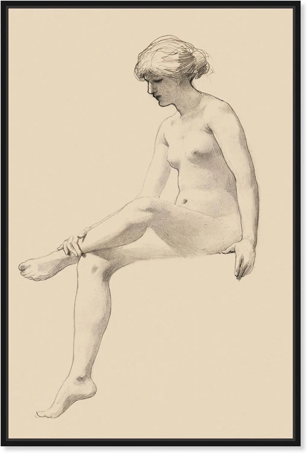 James Wells Champney - Seated Female Nude Canvas Nude Portrait Wall Art, Black Frame, 30" x 45"