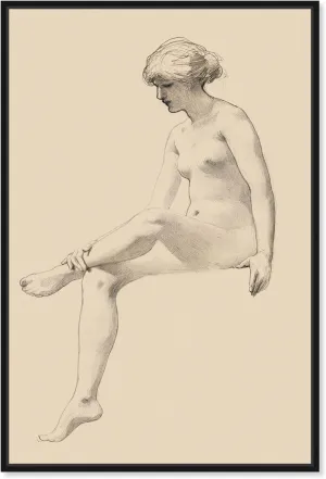 James Wells Champney - Seated Female Nude Canvas Nude Portrait Wall Art, Black Frame, 30" x 45"