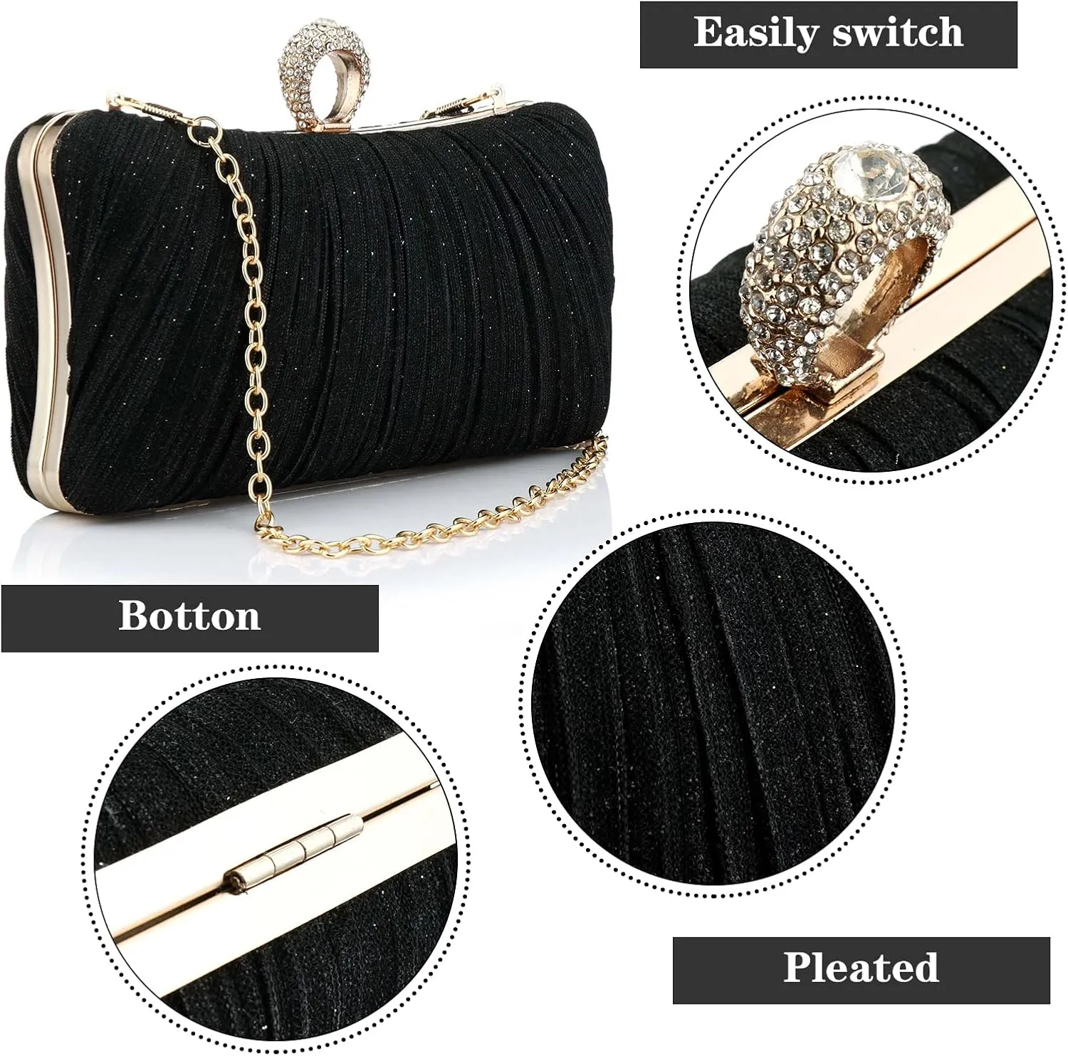 jessie Clutch Purse for Women Pleated Glitter Evening Bag for Crystal Bridal Wedding Party with Rhinestone