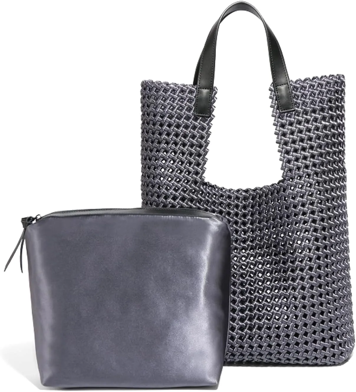 JINMANXUE Leather Satin Woven Tote Bag for Women Hollow Out Handbag 2 Pcs Set Female Shoulder Bag Shopper Bag Fashion Clutch