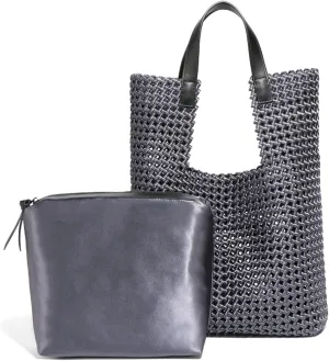 JINMANXUE Leather Satin Woven Tote Bag for Women Hollow Out Handbag 2 Pcs Set Female Shoulder Bag Shopper Bag Fashion Clutch