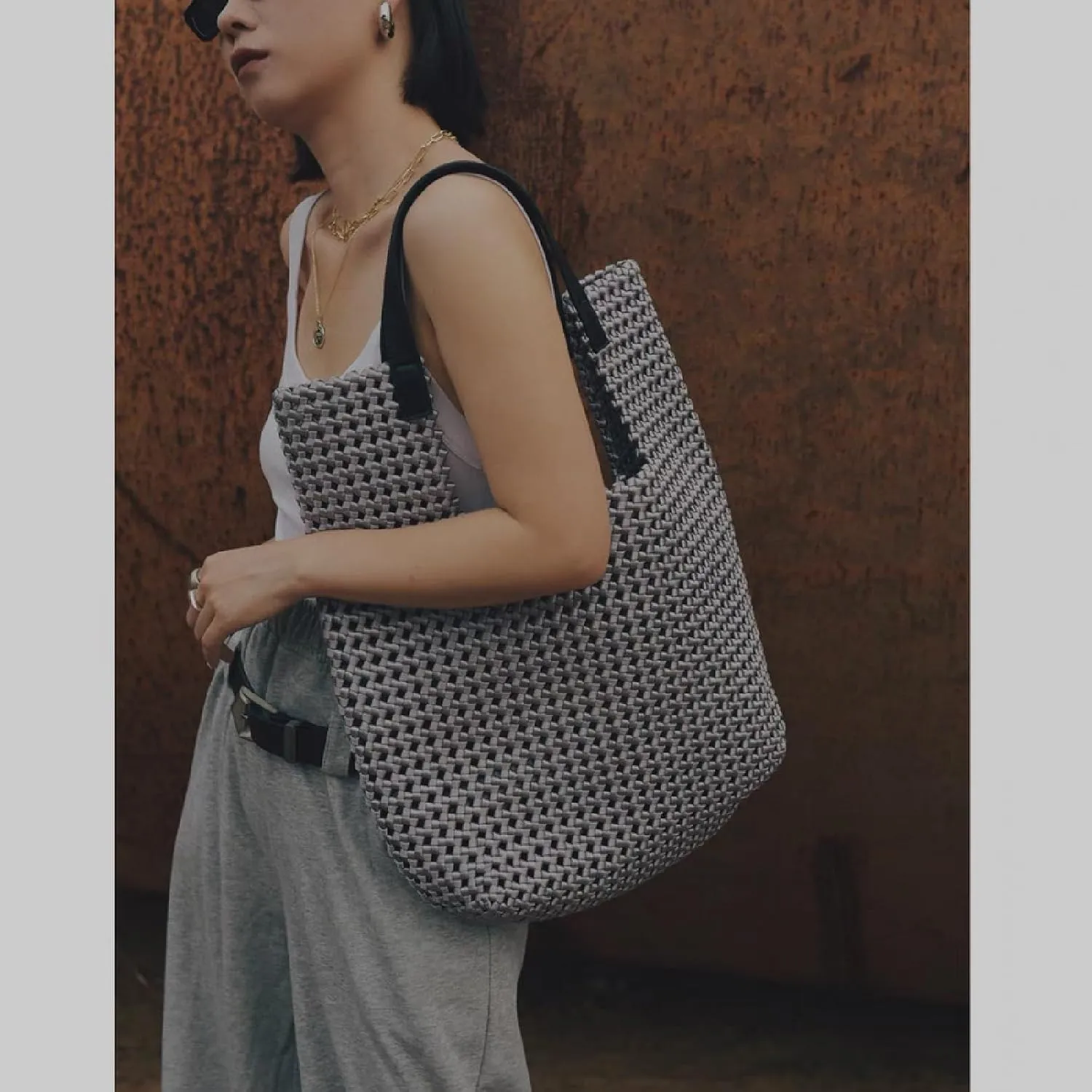 JINMANXUE Leather Satin Woven Tote Bag for Women Hollow Out Handbag 2 Pcs Set Female Shoulder Bag Shopper Bag Fashion Clutch