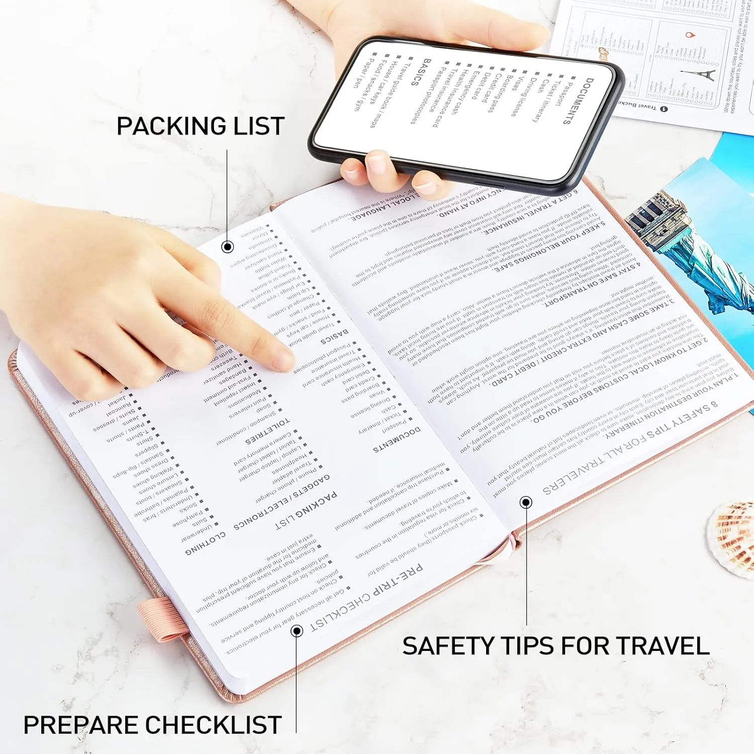 JUBTIC Travel Journal for Women & Men, Vacation Planner with Pockets, Trip Planner Travel Gifts (Rose Gold)