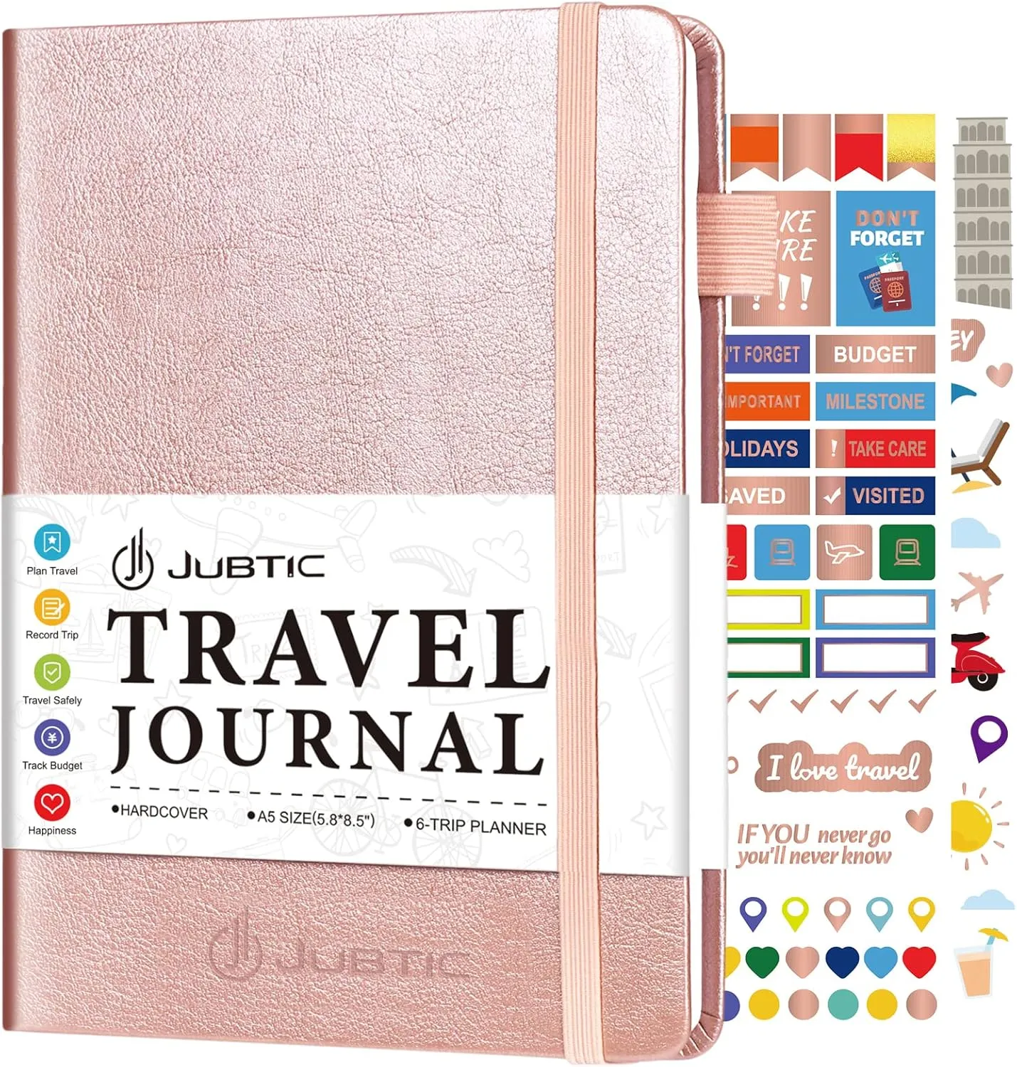 JUBTIC Travel Journal for Women & Men, Vacation Planner with Pockets, Trip Planner Travel Gifts (Rose Gold)