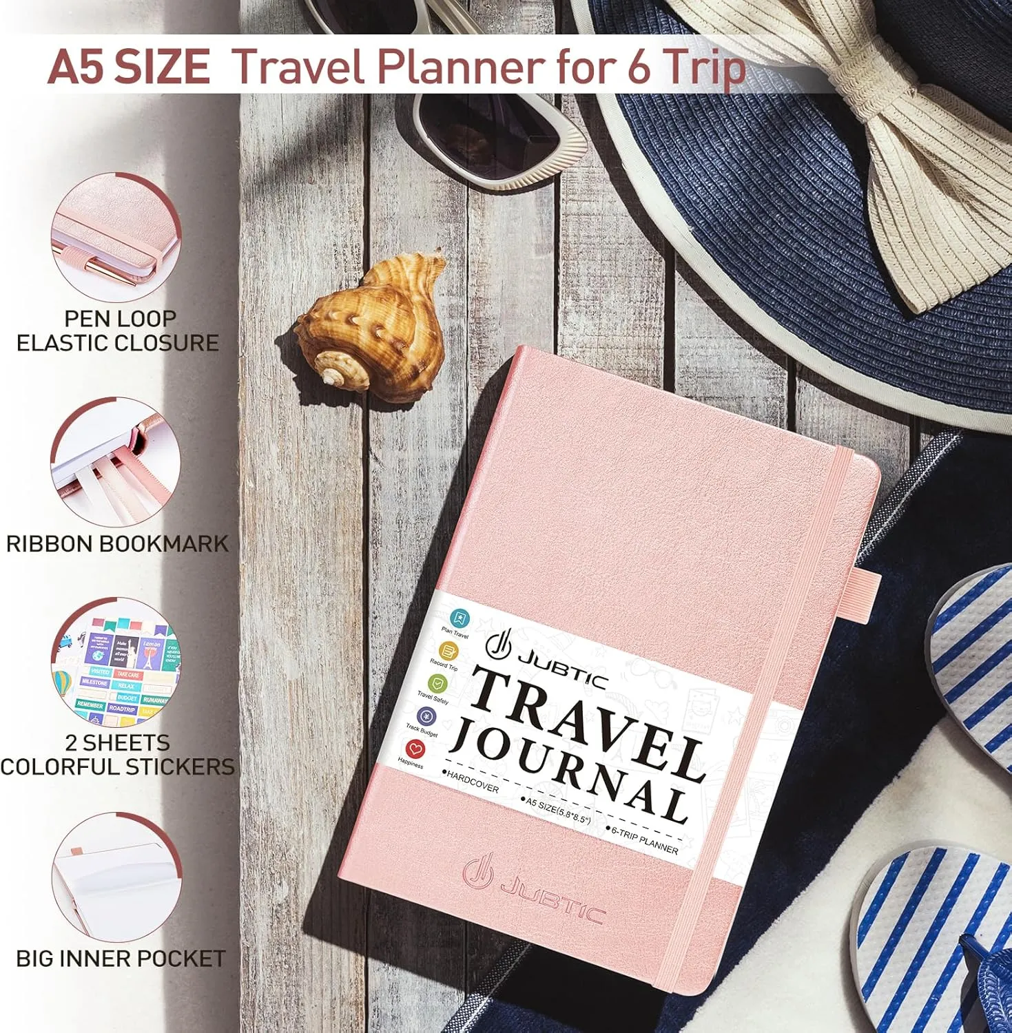 JUBTIC Travel Journal for Women & Men, Vacation Planner with Pockets, Trip Planner Travel Gifts (Rose Gold)