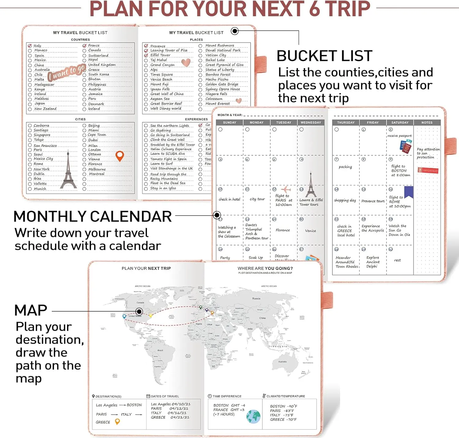 JUBTIC Travel Journal for Women & Men, Vacation Planner with Pockets, Trip Planner Travel Gifts (Rose Gold)
