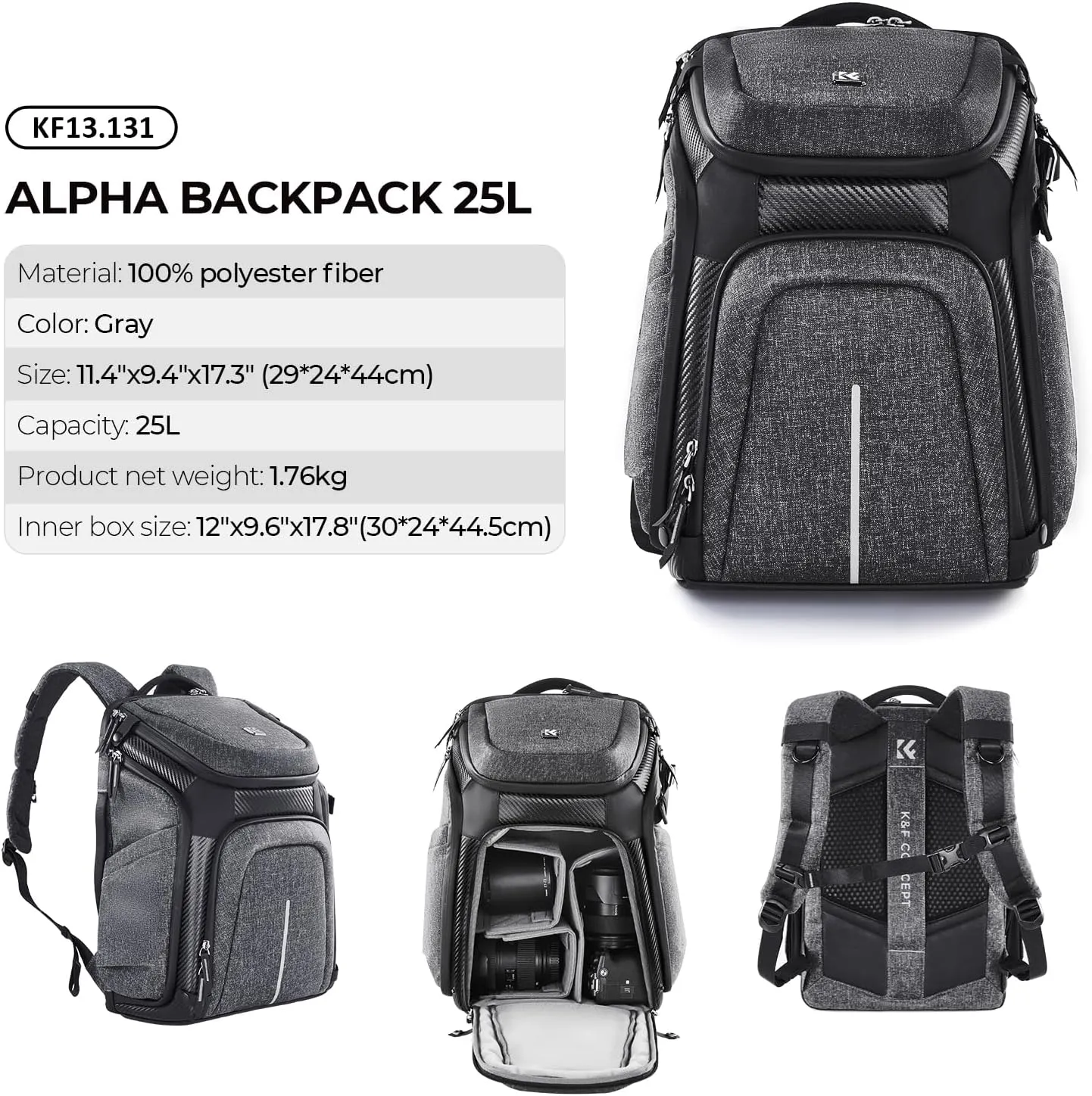 K&F Concept DSLR/SLR Photography Waterproof Camera Bag with 15.6 inch Laptop Compartment Tripod Holder Raincover Camera Backpack