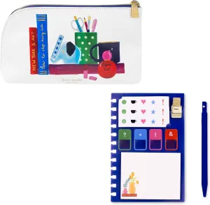 kate spade new york Zipper Pouch Filled with Planner Stickers and Accessories, Set Includes Notepad, Sticker Tabs, Black Ink Pen and Holder, Vegan Leather Accessory Bag, Charmed Library