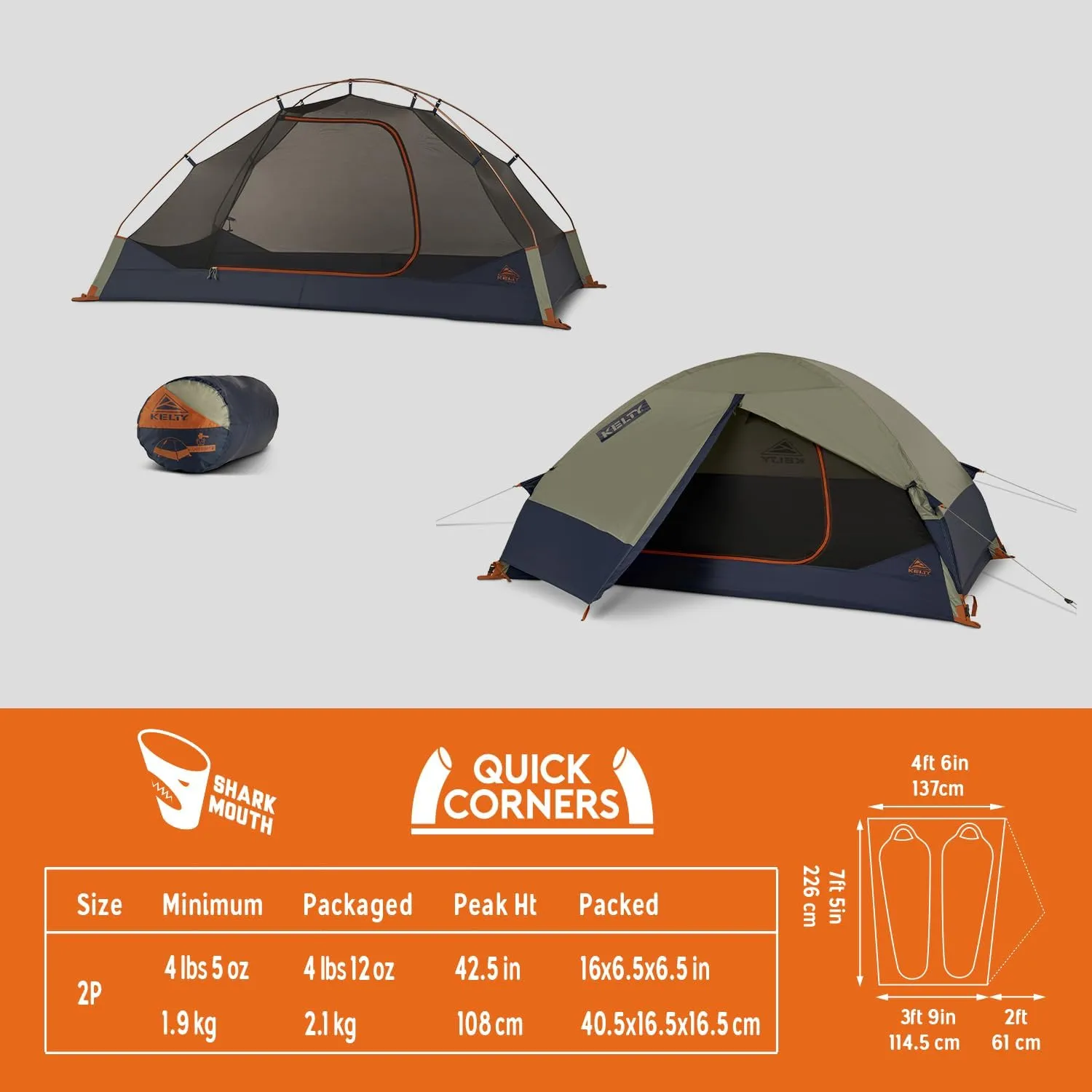 Kelty Late Start Backpacking Tent – Lightweight Two Man Camping Tent Shelter with Quickcorners, Aluminum Poles, Waterproof Poly Fly, Updated for 2024