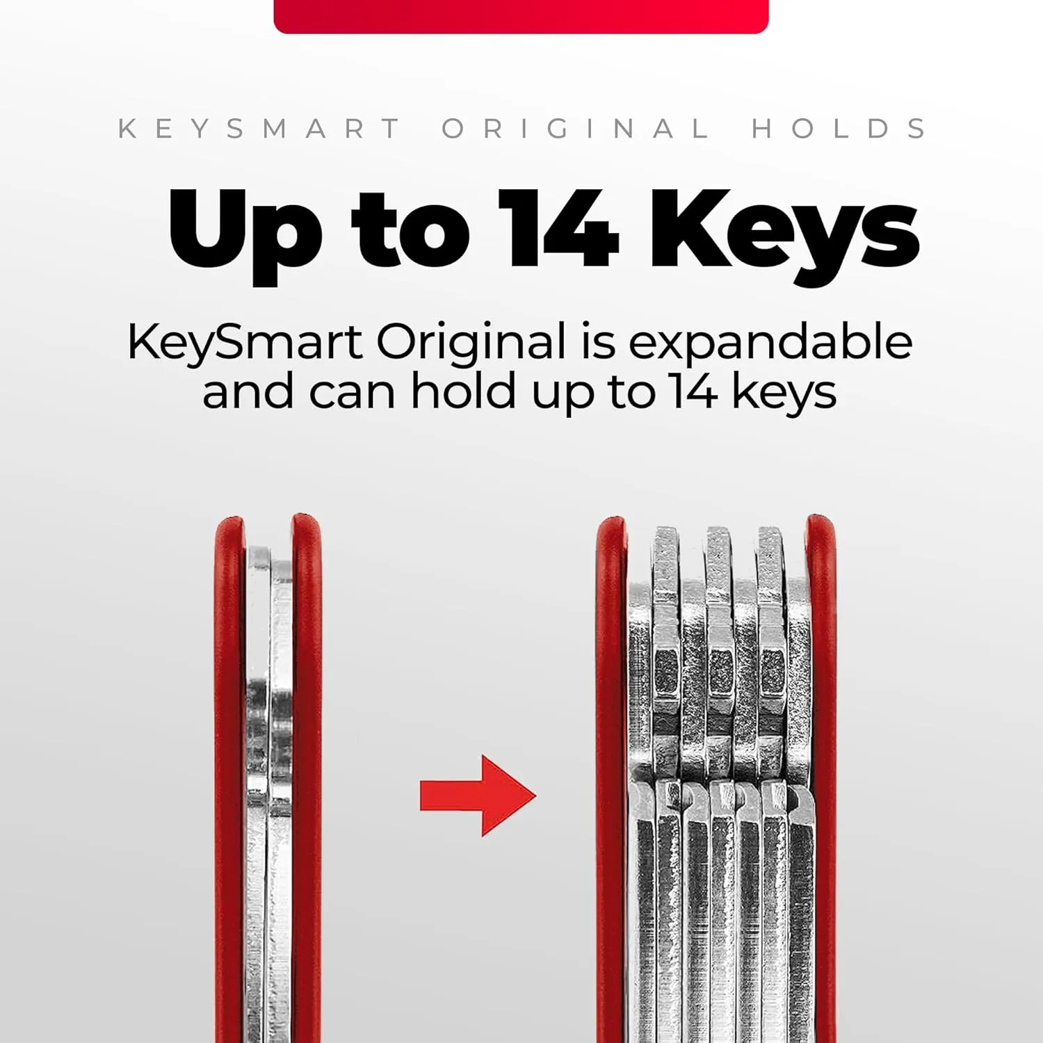 KEYSMART Key Holder for Keychain - Compact Key Organizer for Key Chain, Minimalist Clutter-Free EDC Keychains, Key Ring for Car Fobs Key Chains, Expandable (up to 14 Keys, Red)
