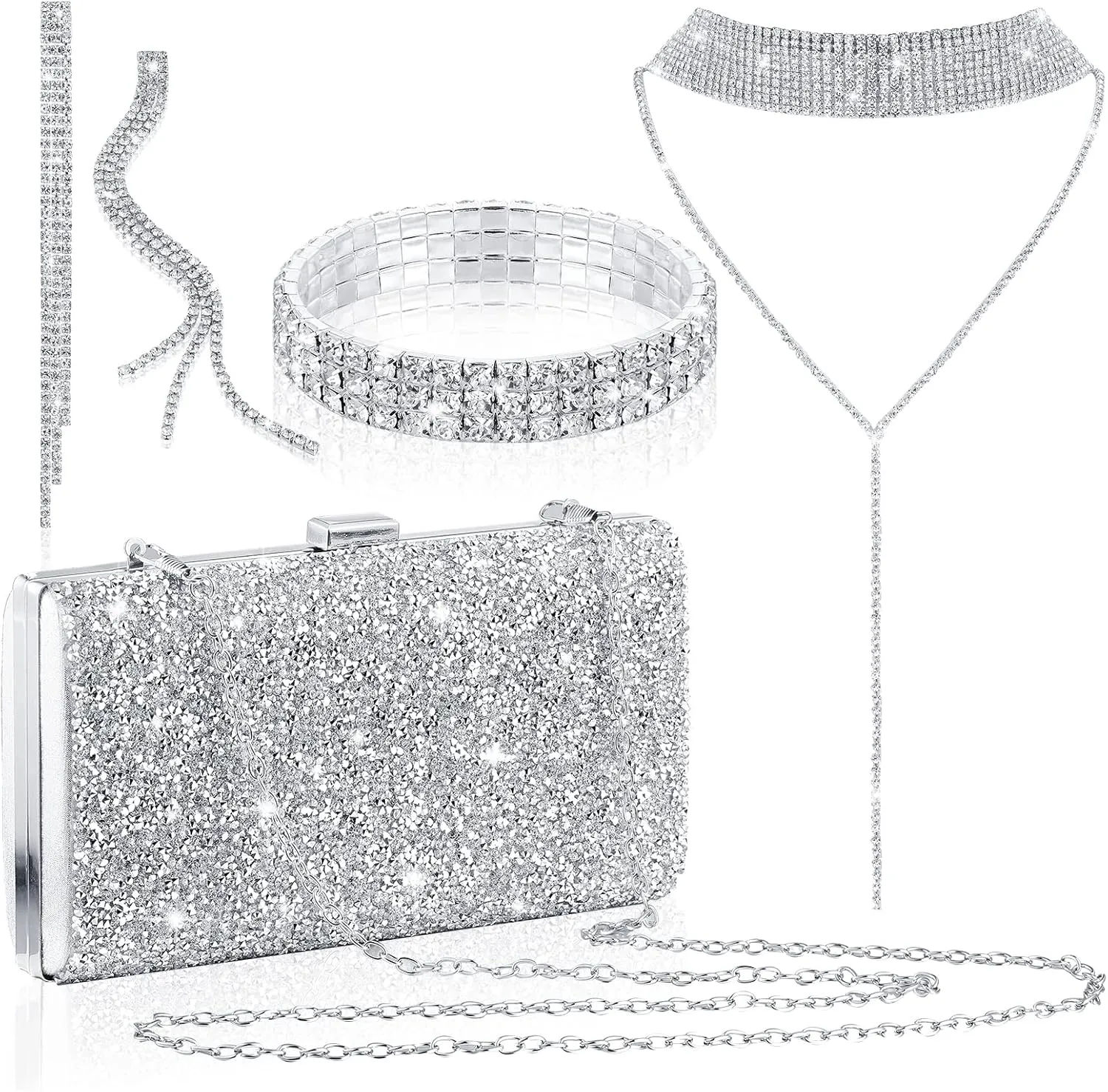 Kigeli 4 Pcs Women Rhinestone Evening Clutch Bag Crystal Jewelry Set Rhinestone Tassel Necklace Stretch Bangle Bracelet Crystal Fringe Earrings Bling Glitter Handbag for Wedding