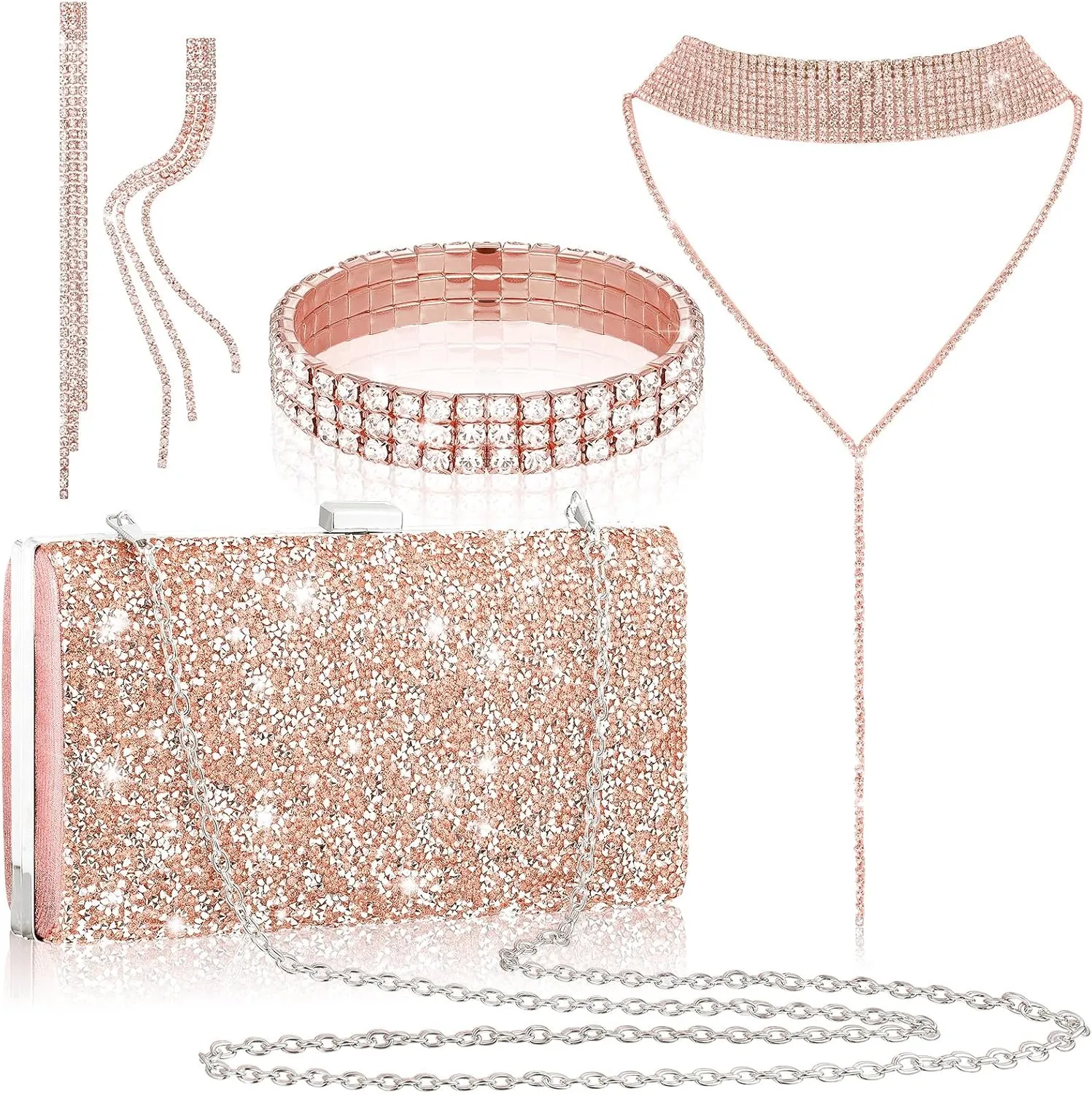 Kigeli 4 Pcs Women Rhinestone Evening Clutch Bag Crystal Jewelry Set Rhinestone Tassel Necklace Stretch Bangle Bracelet Crystal Fringe Earrings Bling Glitter Handbag for Wedding